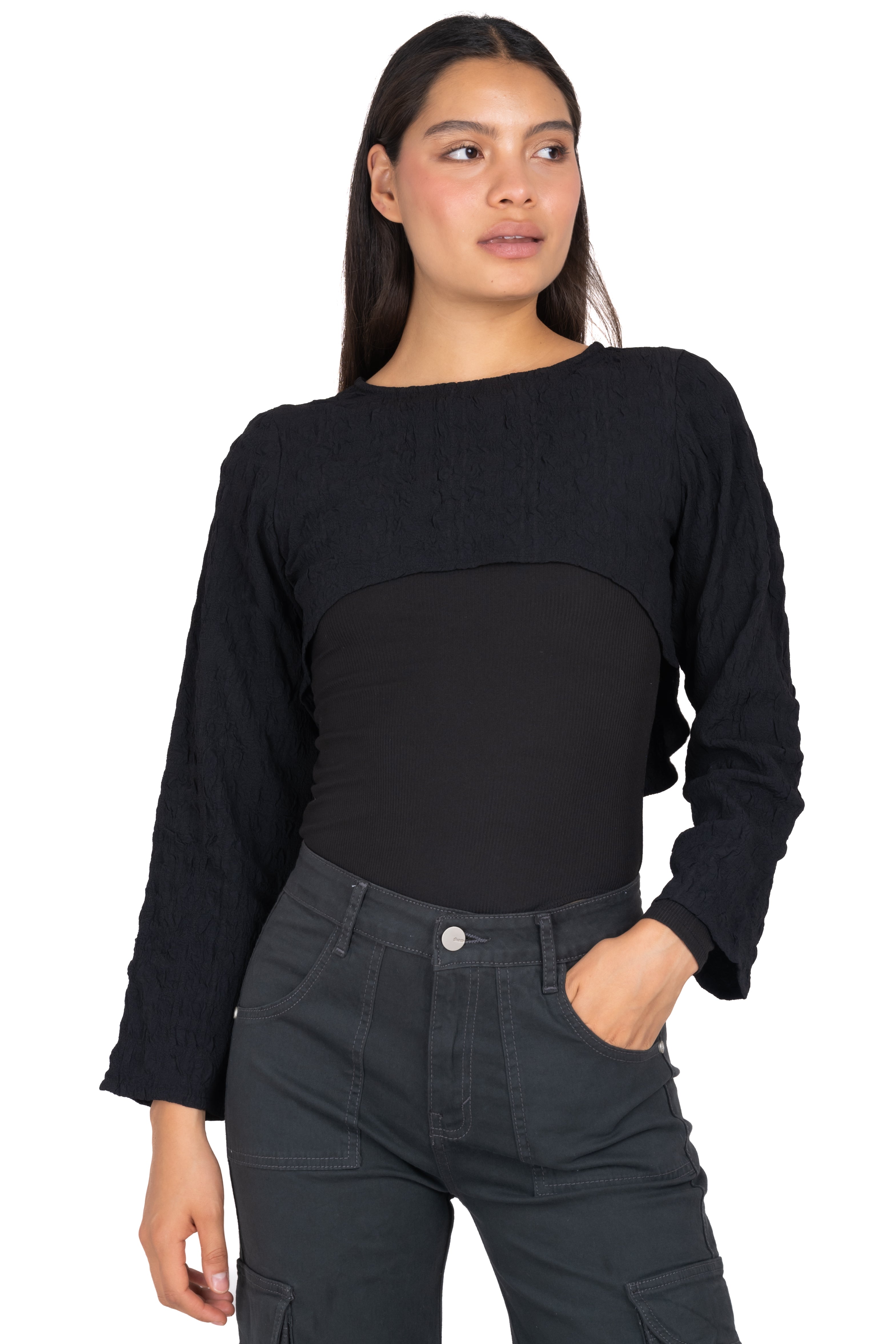 Top crop textura mangas NEGRO