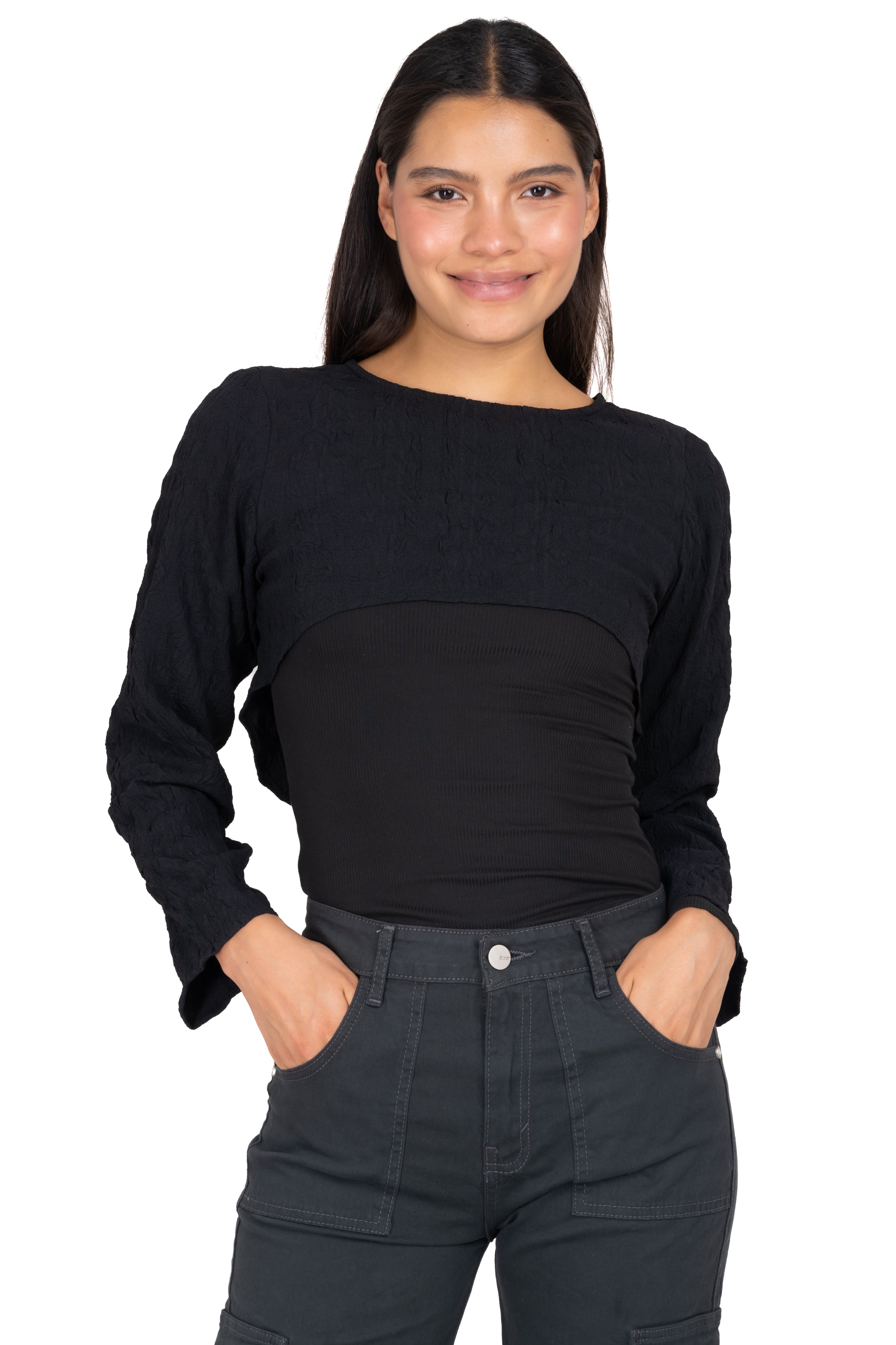 Top crop textura mangas NEGRO