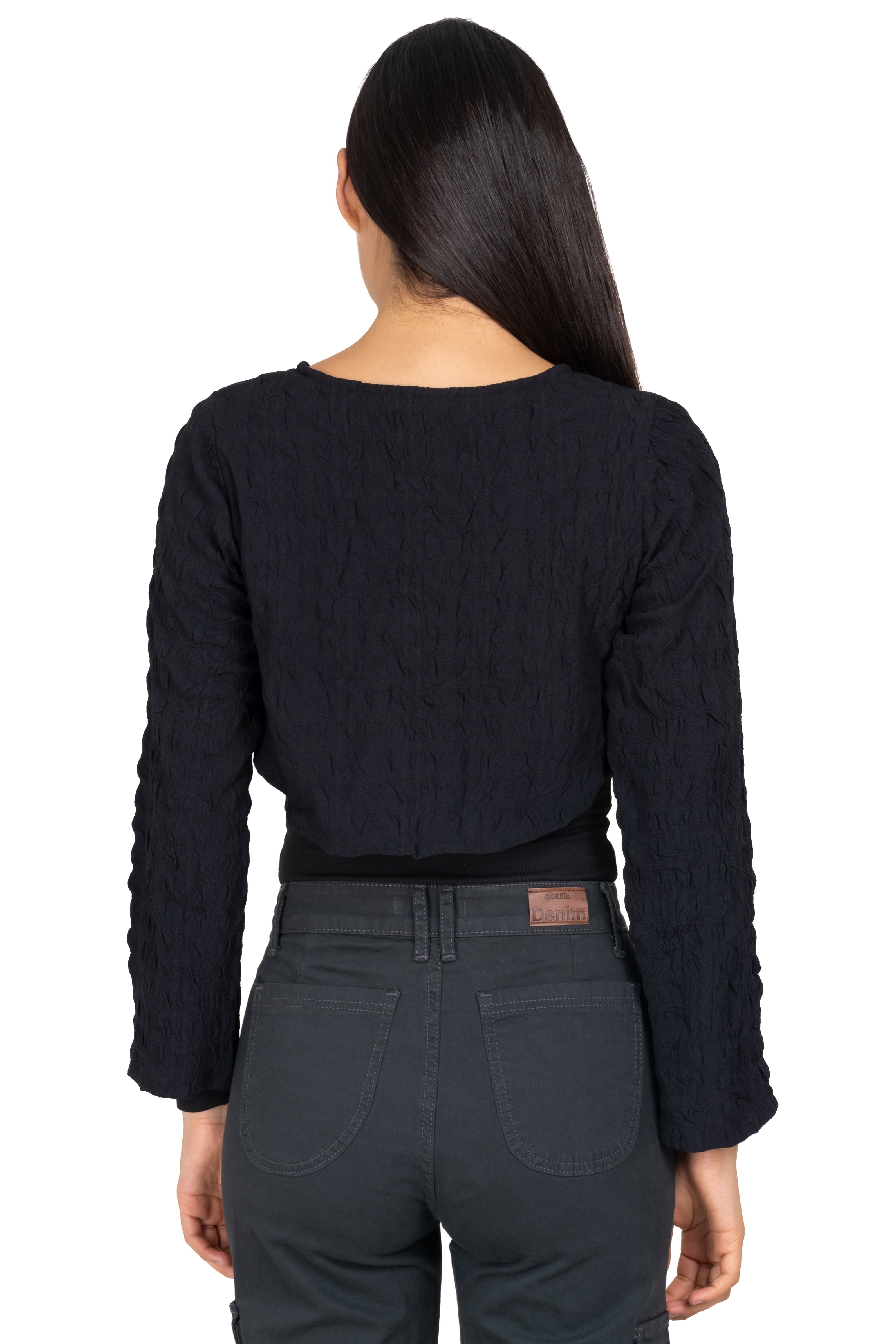 Top crop textura mangas NEGRO
