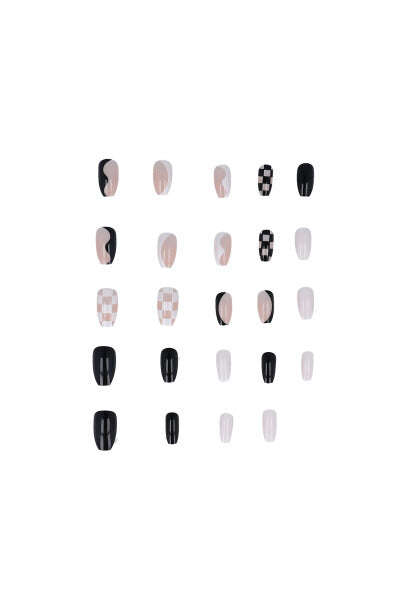 Set 24 uñas cuadros dameros ondas NEGRO BLANCO