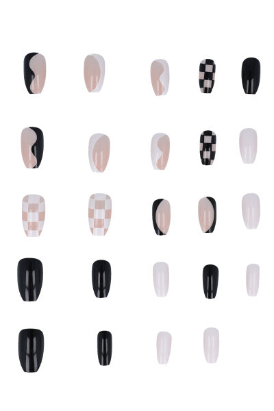 Set 24 uñas cuadros dameros ondas NEGRO BLANCO