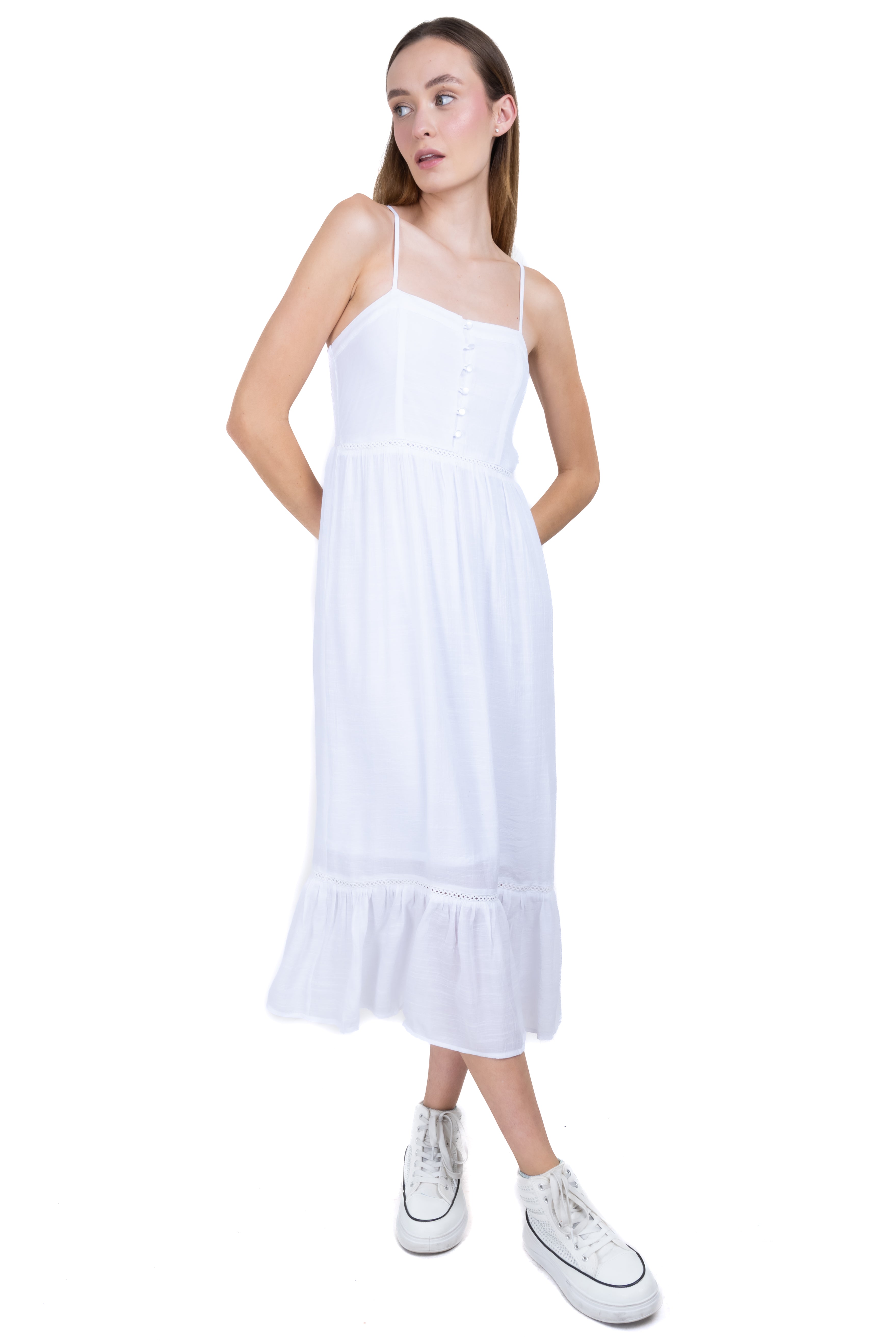 Vestido midi tirantes botones BLANCO