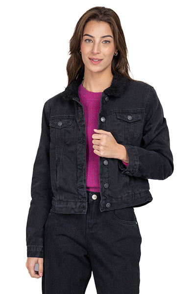 Chamarra denim interior sherpa NEGRO