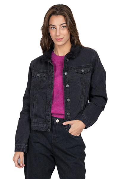 Chamarra denim interior sherpa NEGRO