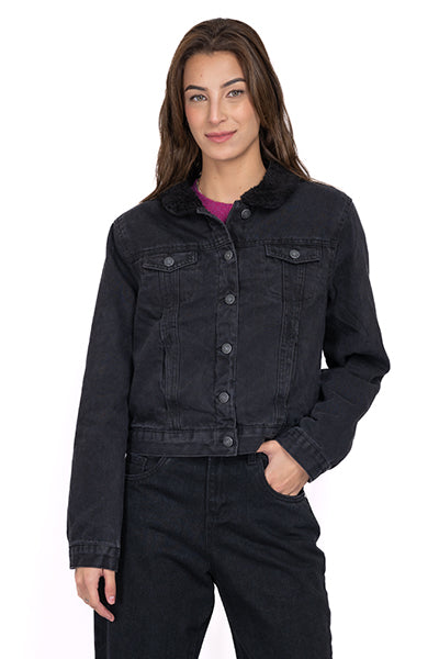 Chamarra denim interior sherpa NEGRO