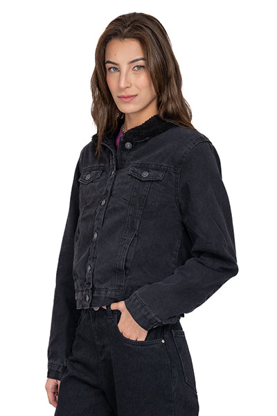 Chamarra denim interior sherpa NEGRO