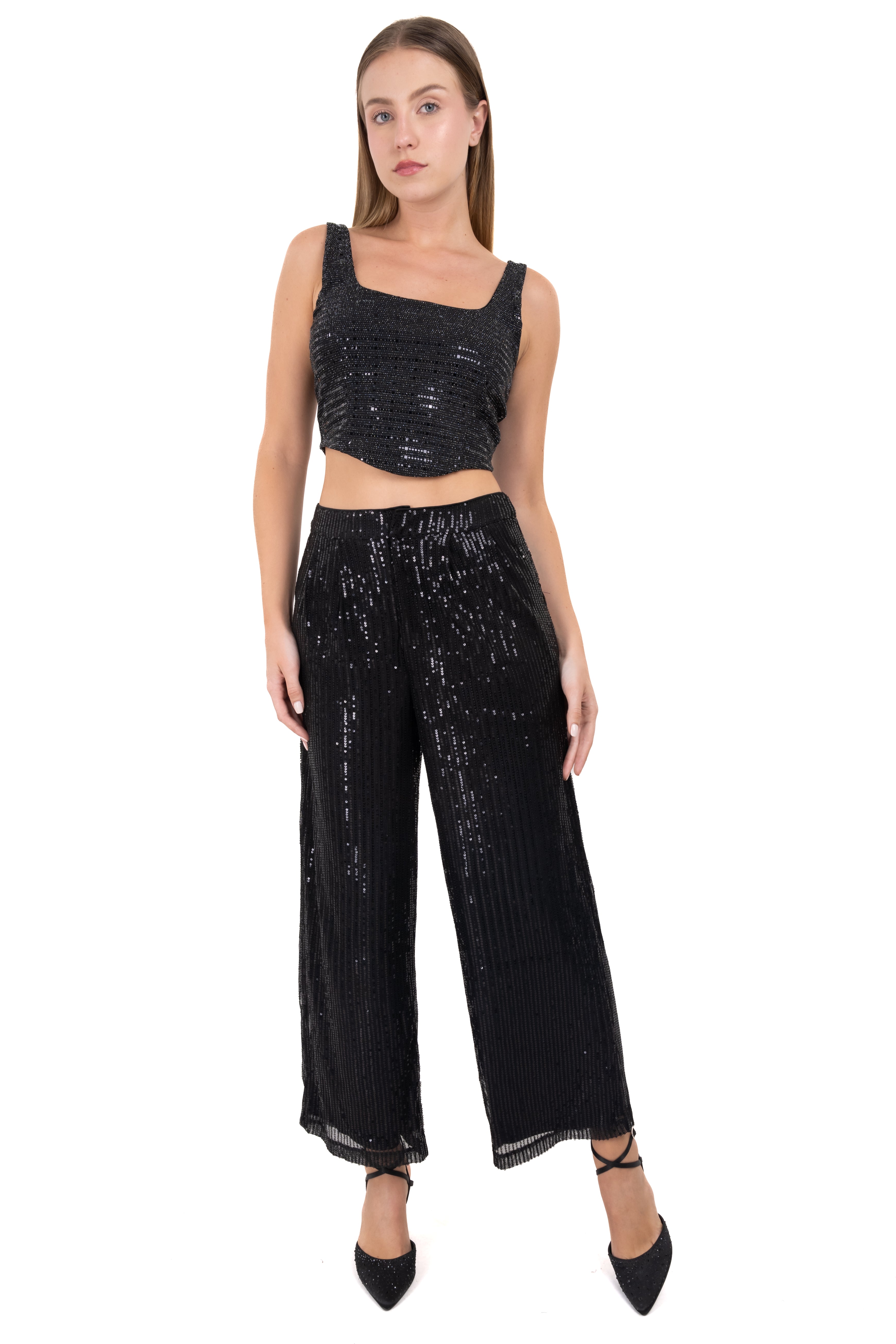 Straight sequin pants BLACK