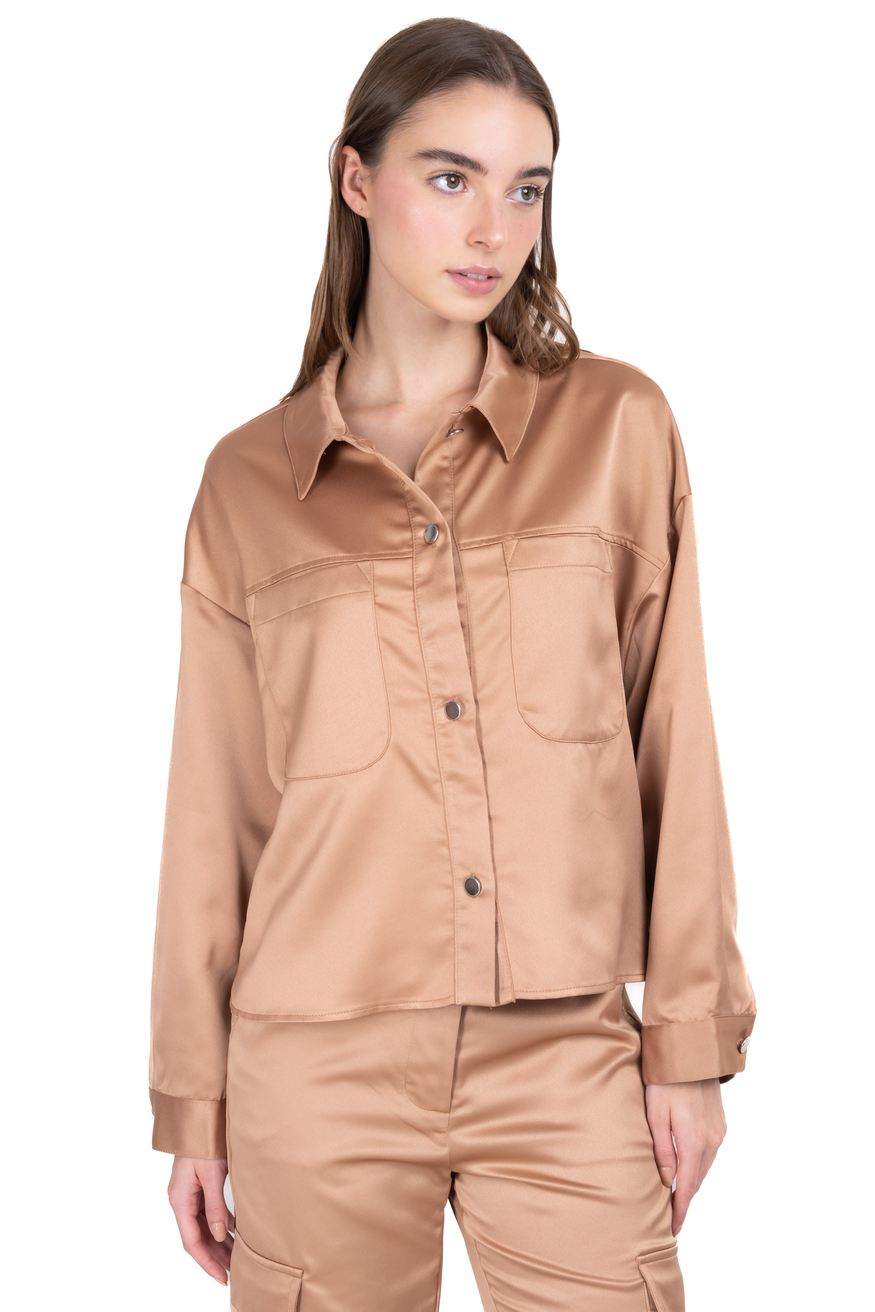 Satin shirt metal buttons Khaki