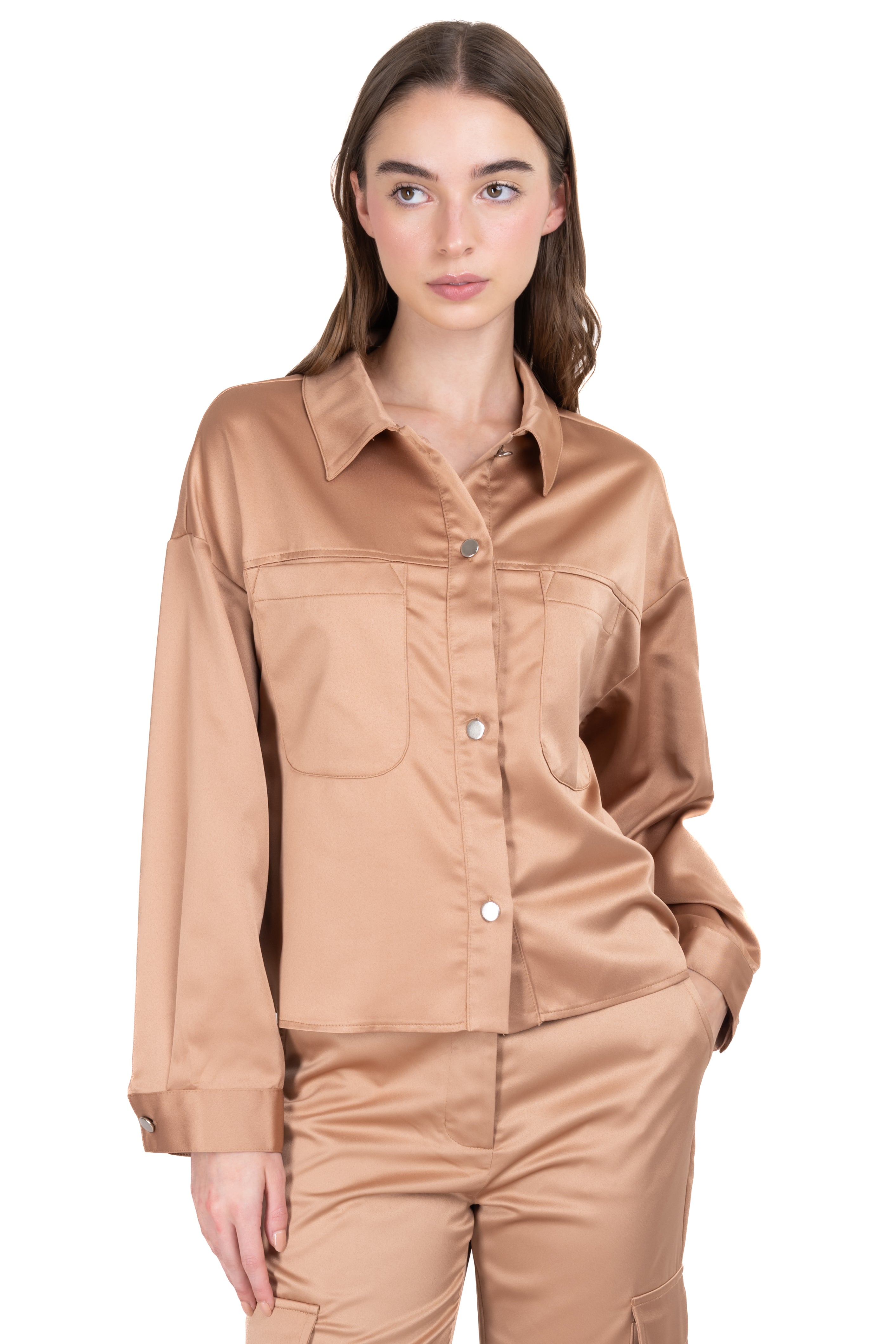 Satin shirt metal buttons Khaki