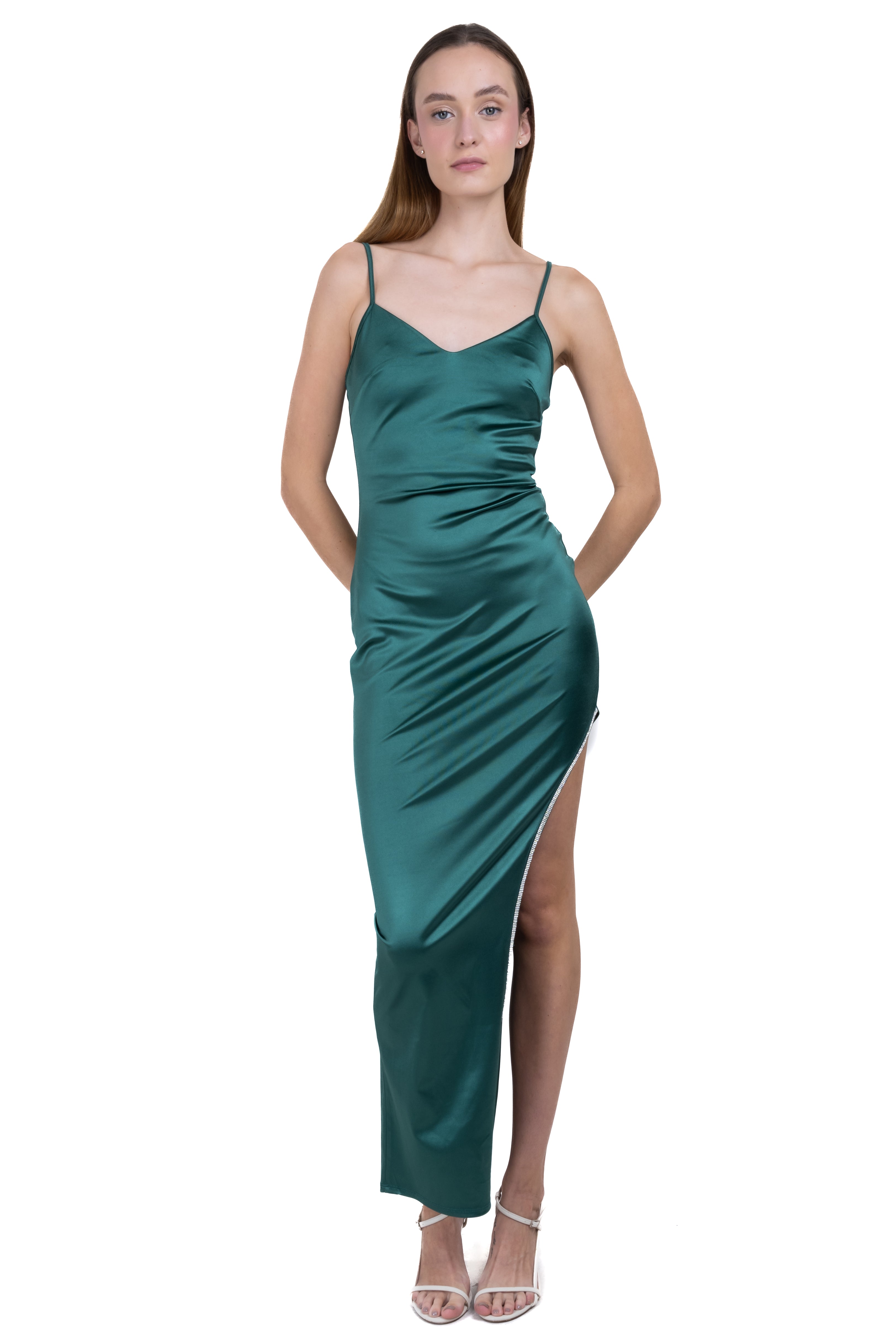 Vestido maxi abertura brillos VERDE CAZADOR