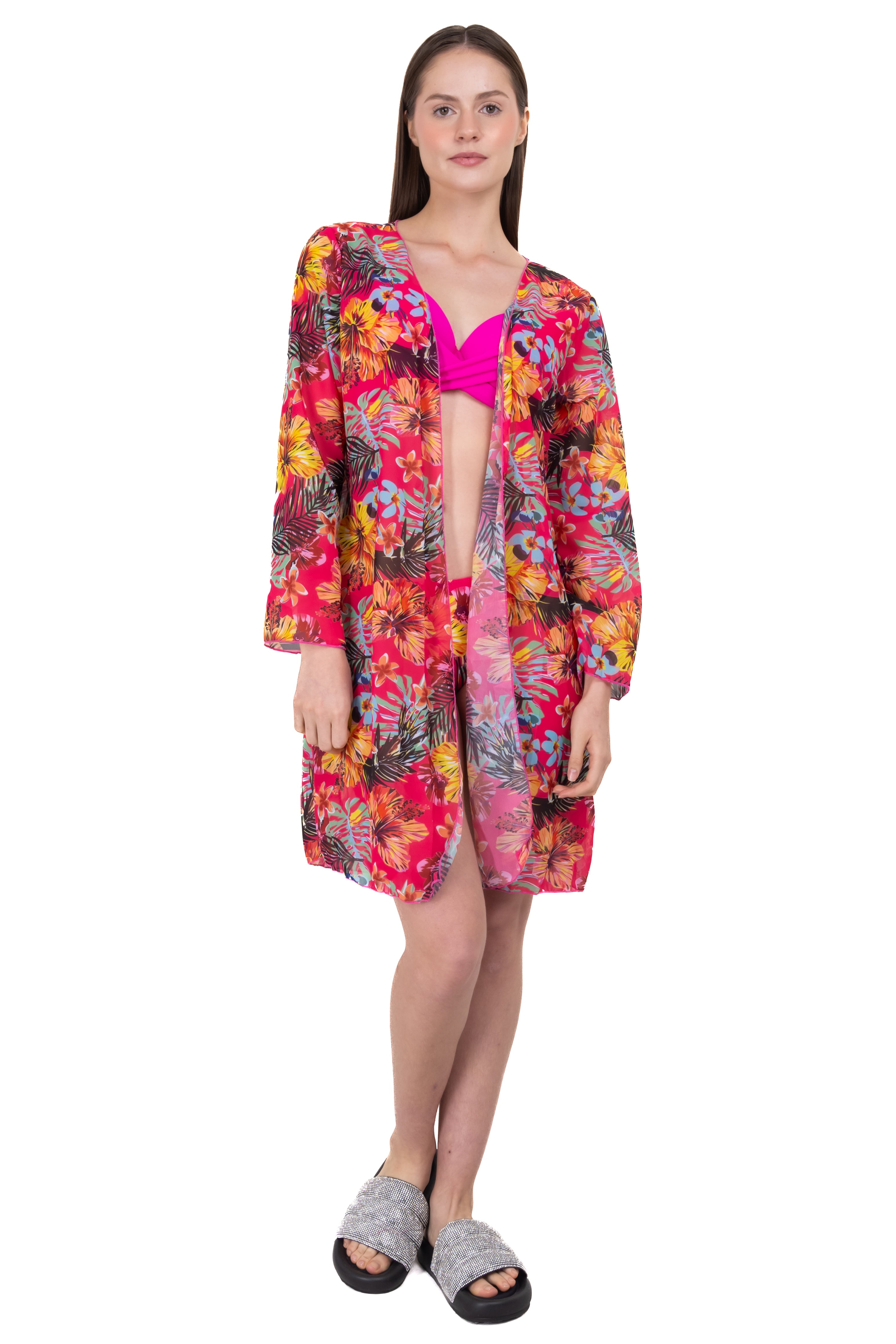 Kimono Manga Larga Estampado Tropical ROSA COMBO