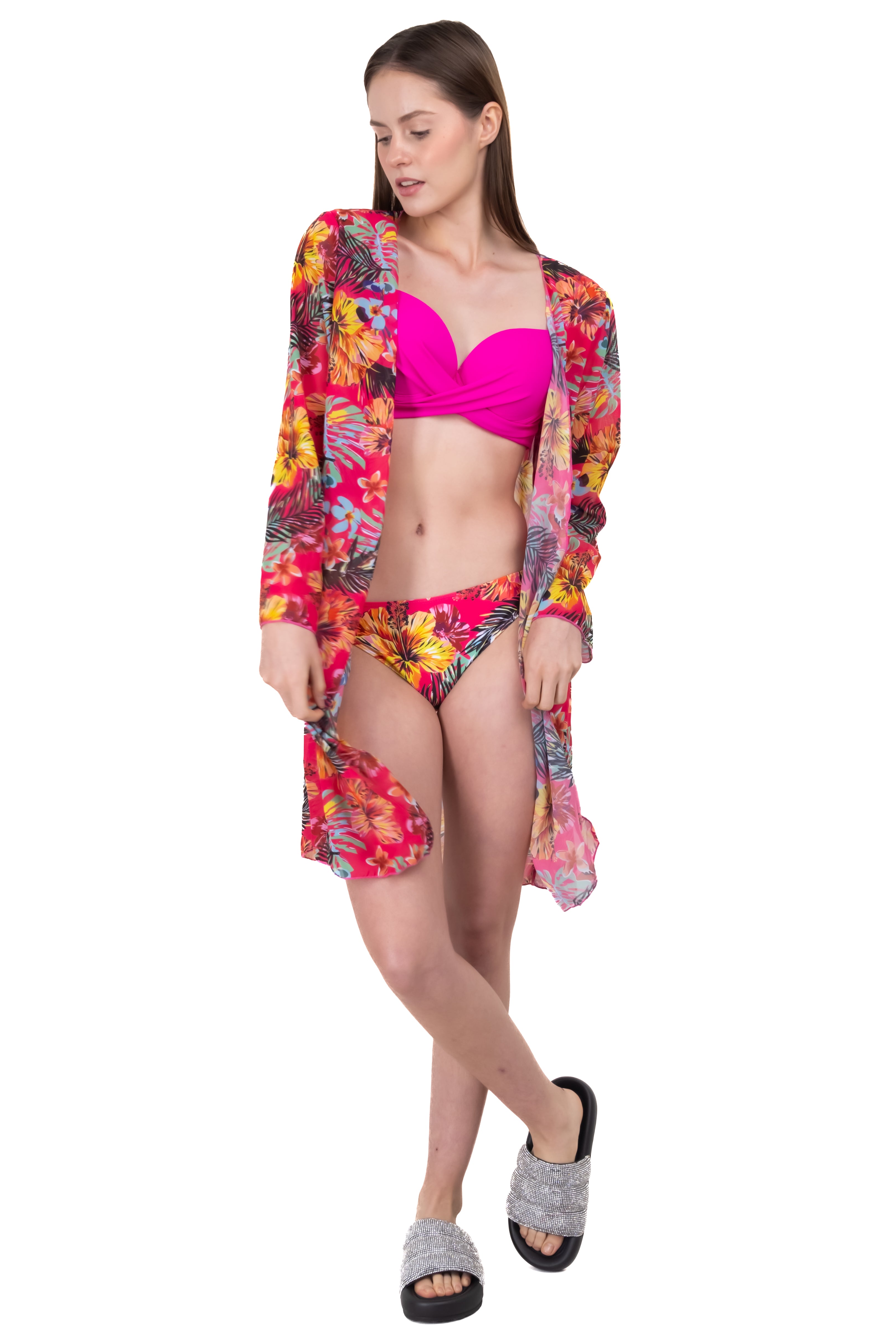 Kimono Manga Larga Estampado Tropical ROSA COMBO