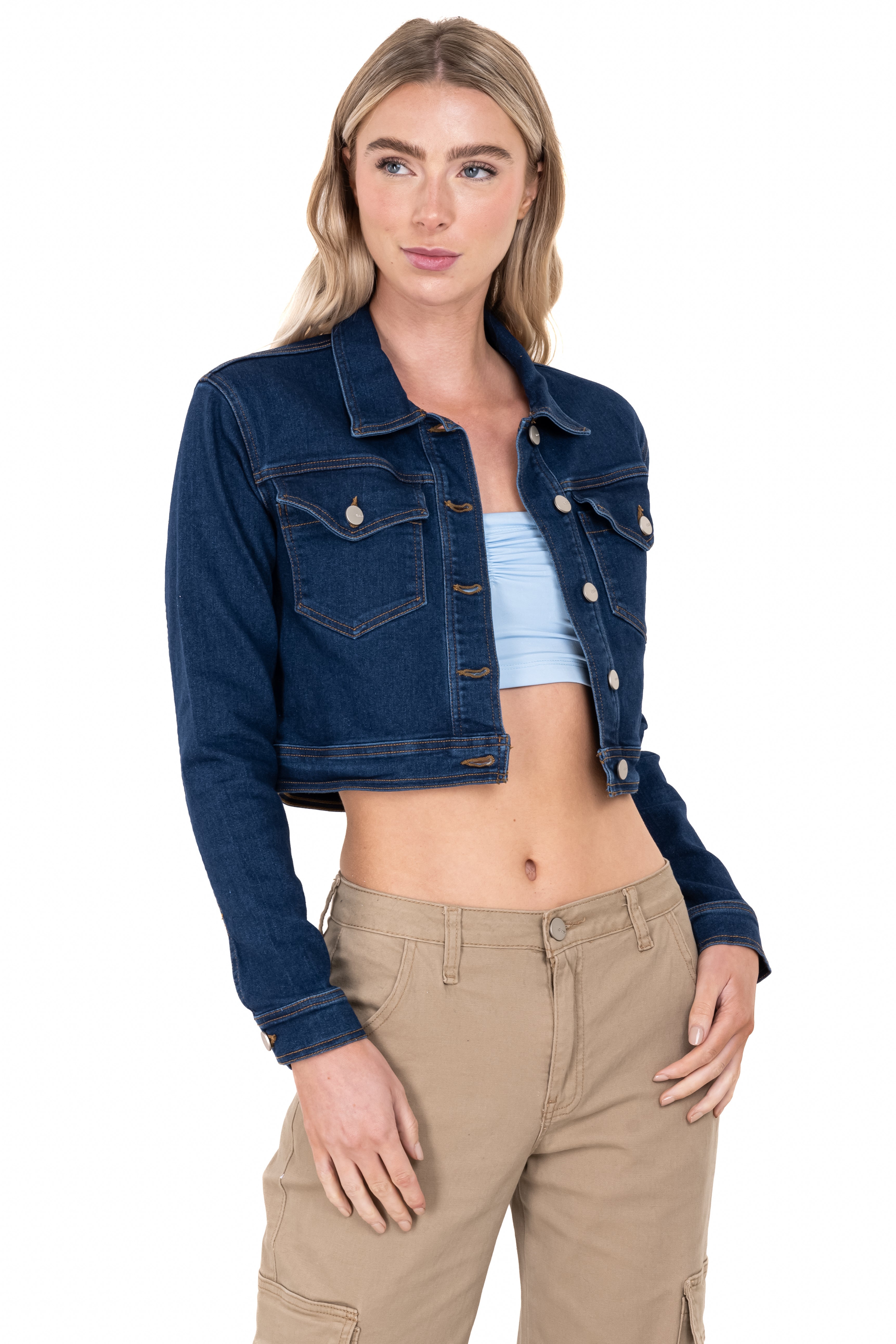 Chamarra crop denim bolsillos DARK WASH