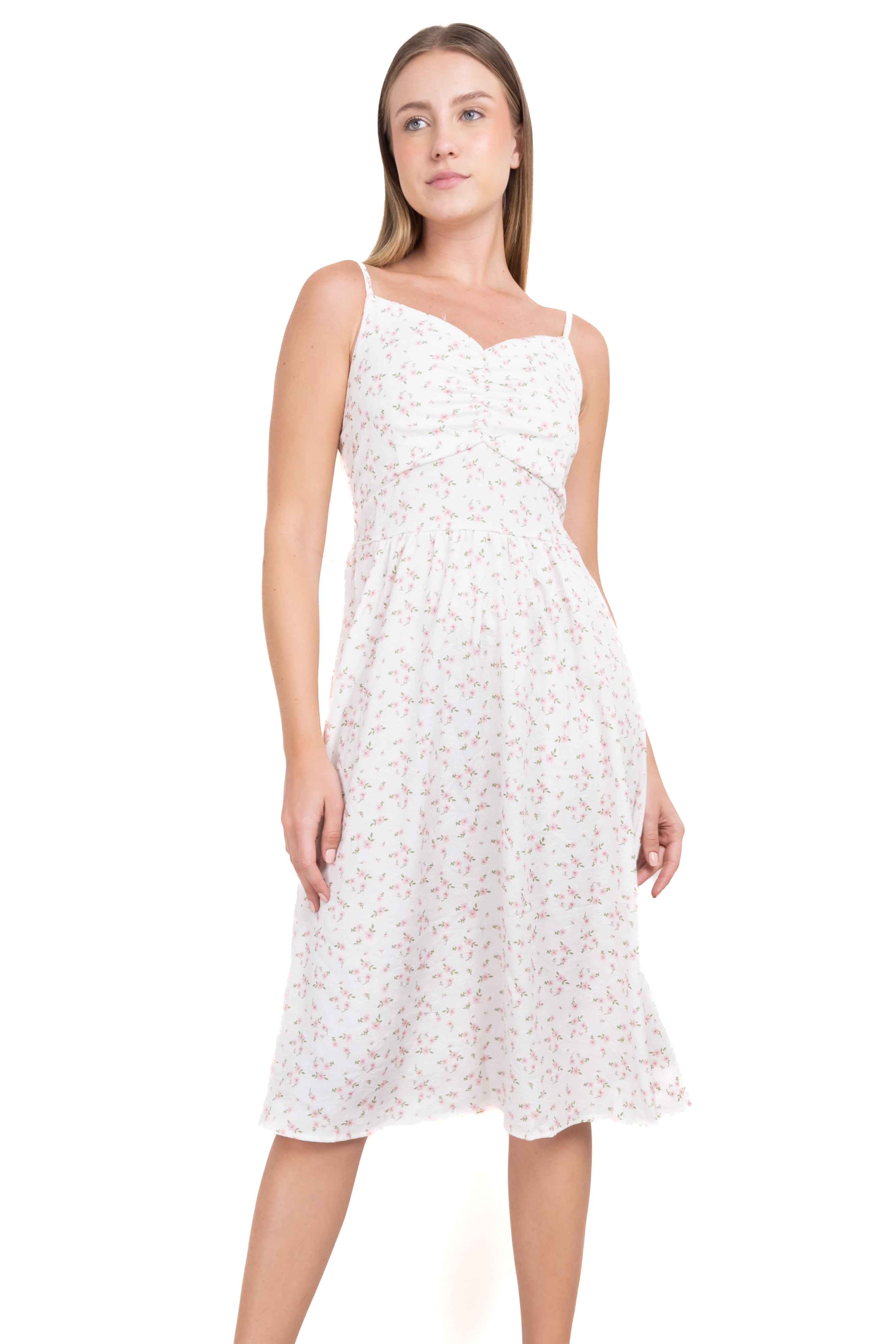 Vestido midi elástico plisado flores FIUSHA COMBO