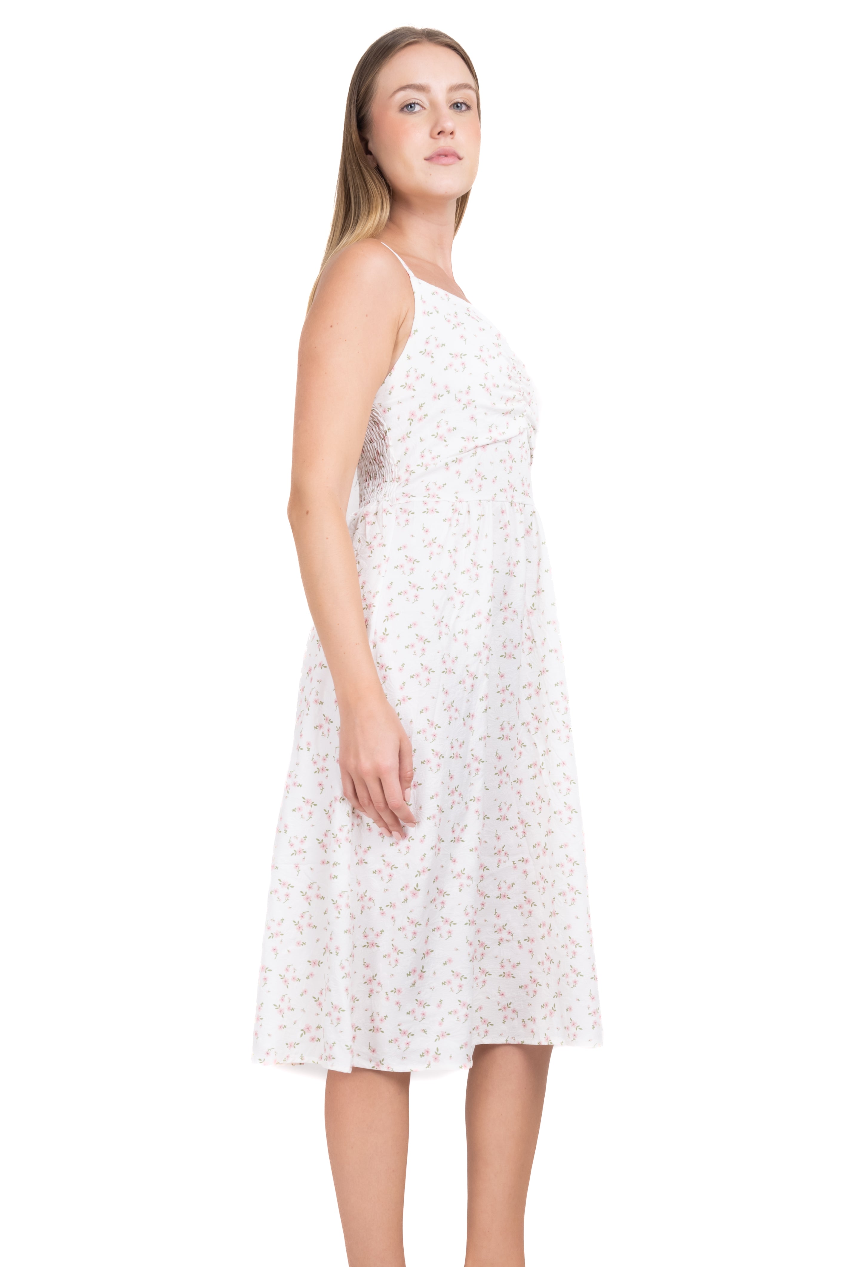 Vestido midi elástico plisado flores FIUSHA COMBO