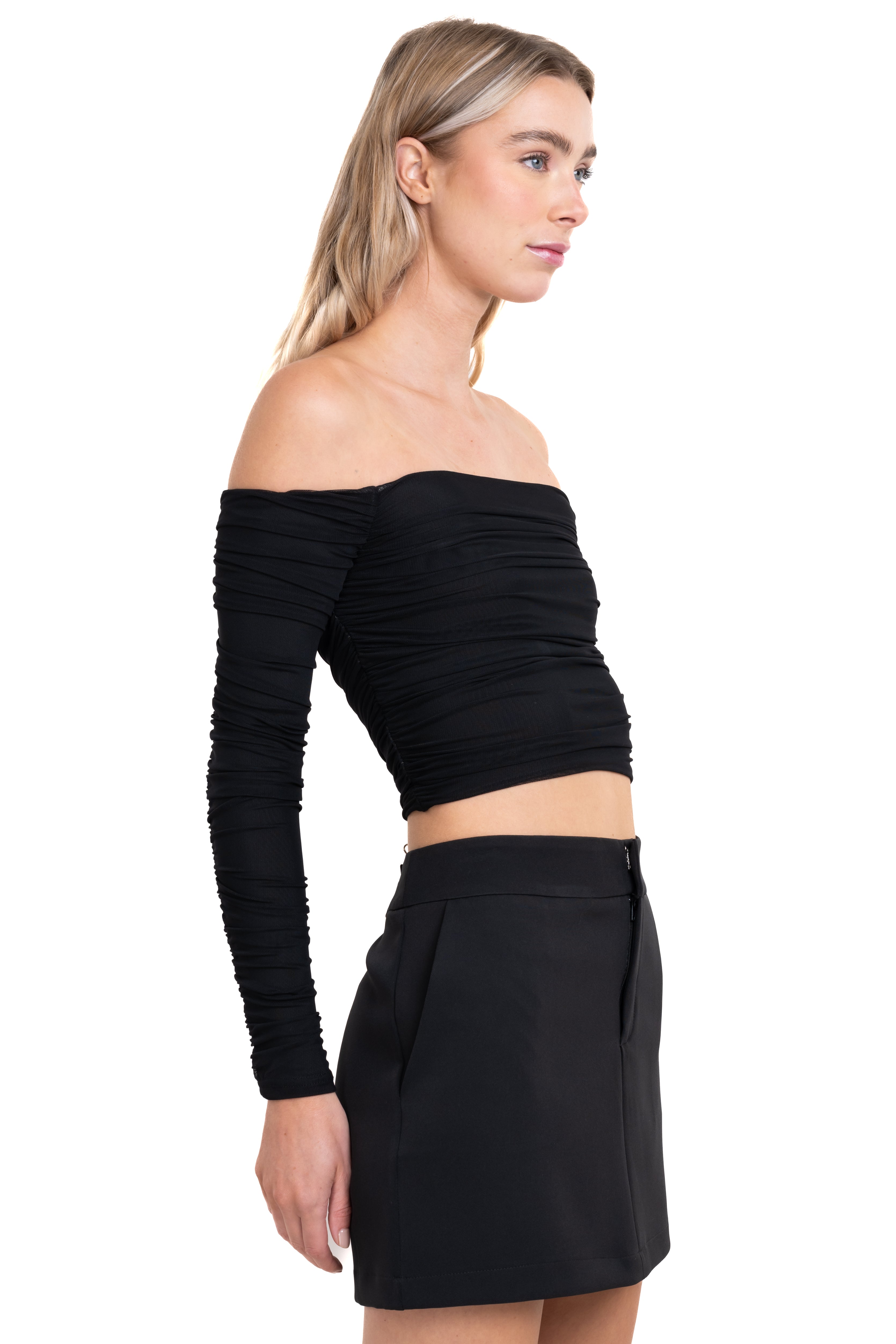 Top of shoulder mesh plisado manga larga NEGRO