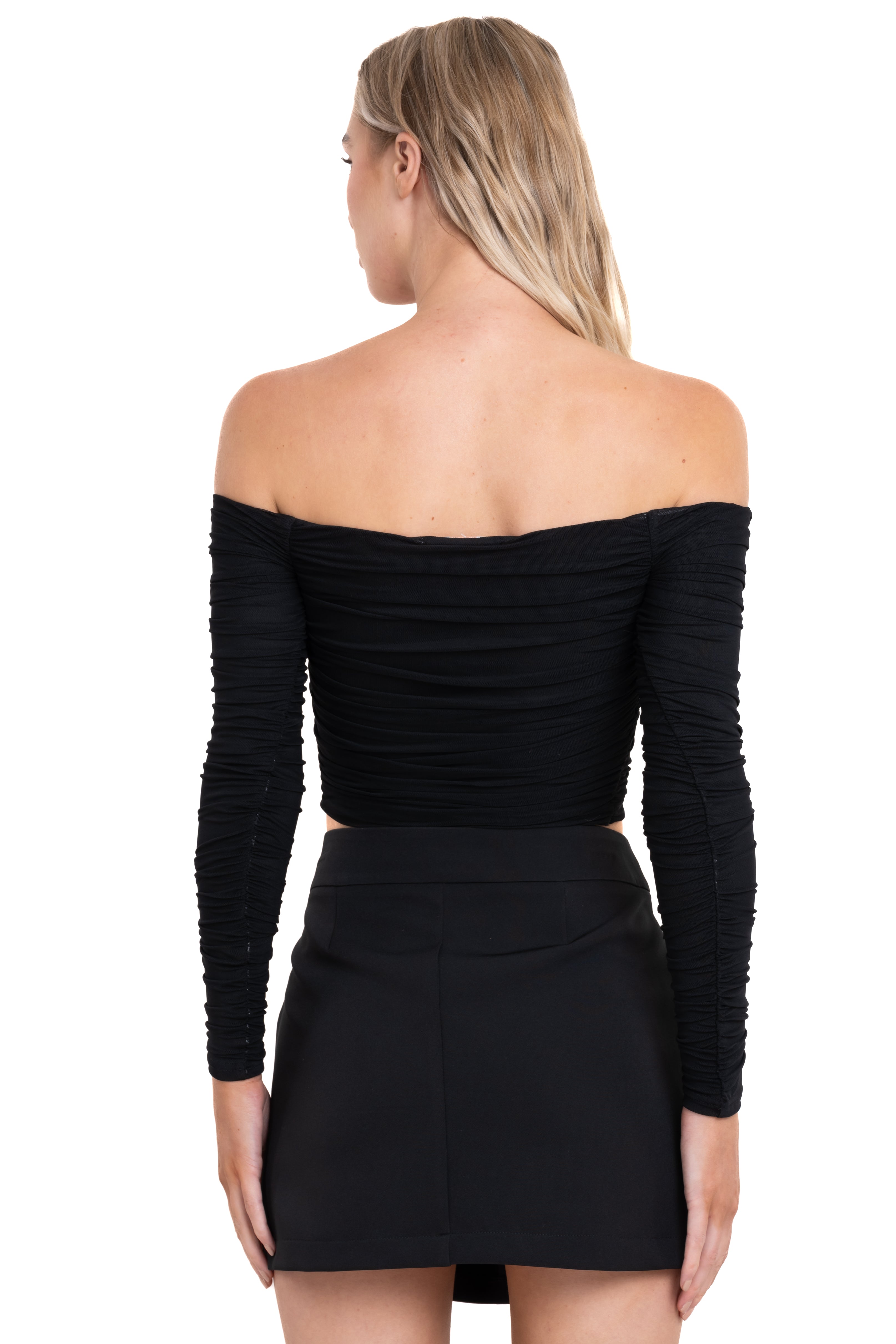 Top of shoulder mesh plisado manga larga NEGRO