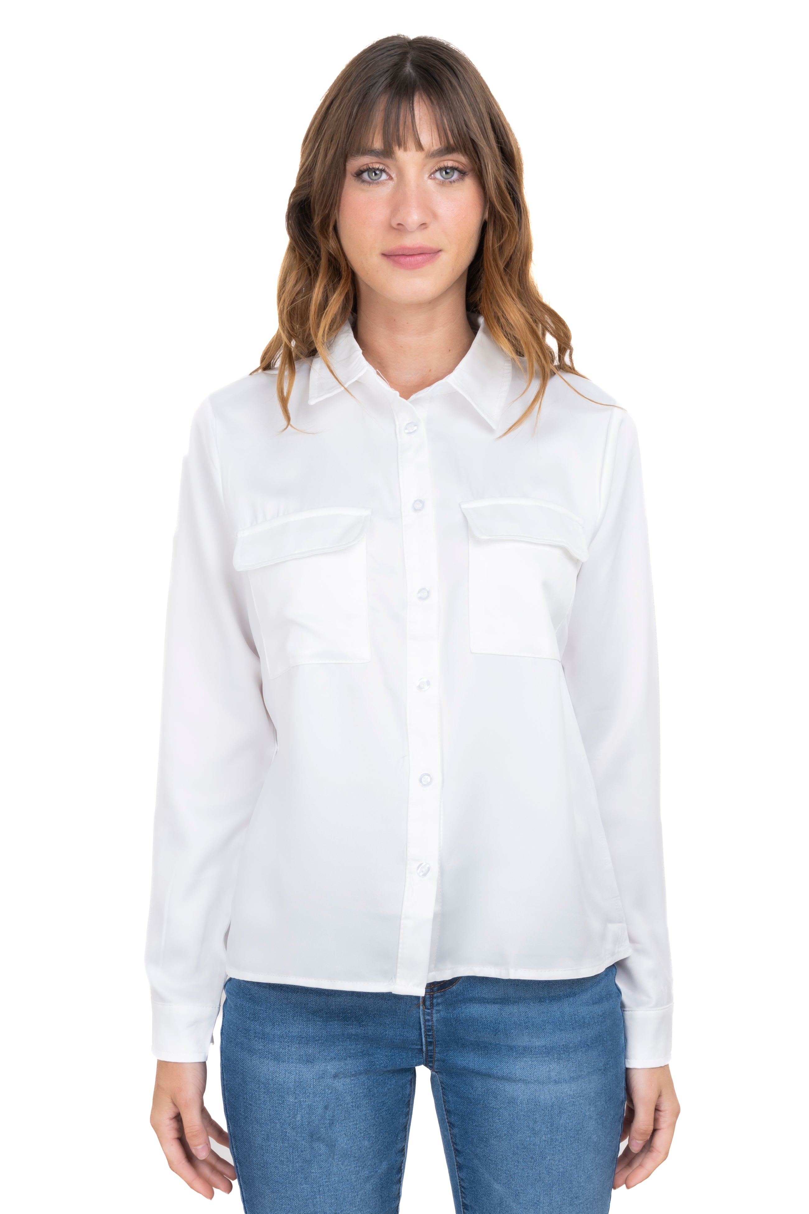 Satin shirt flap pockets WHITE