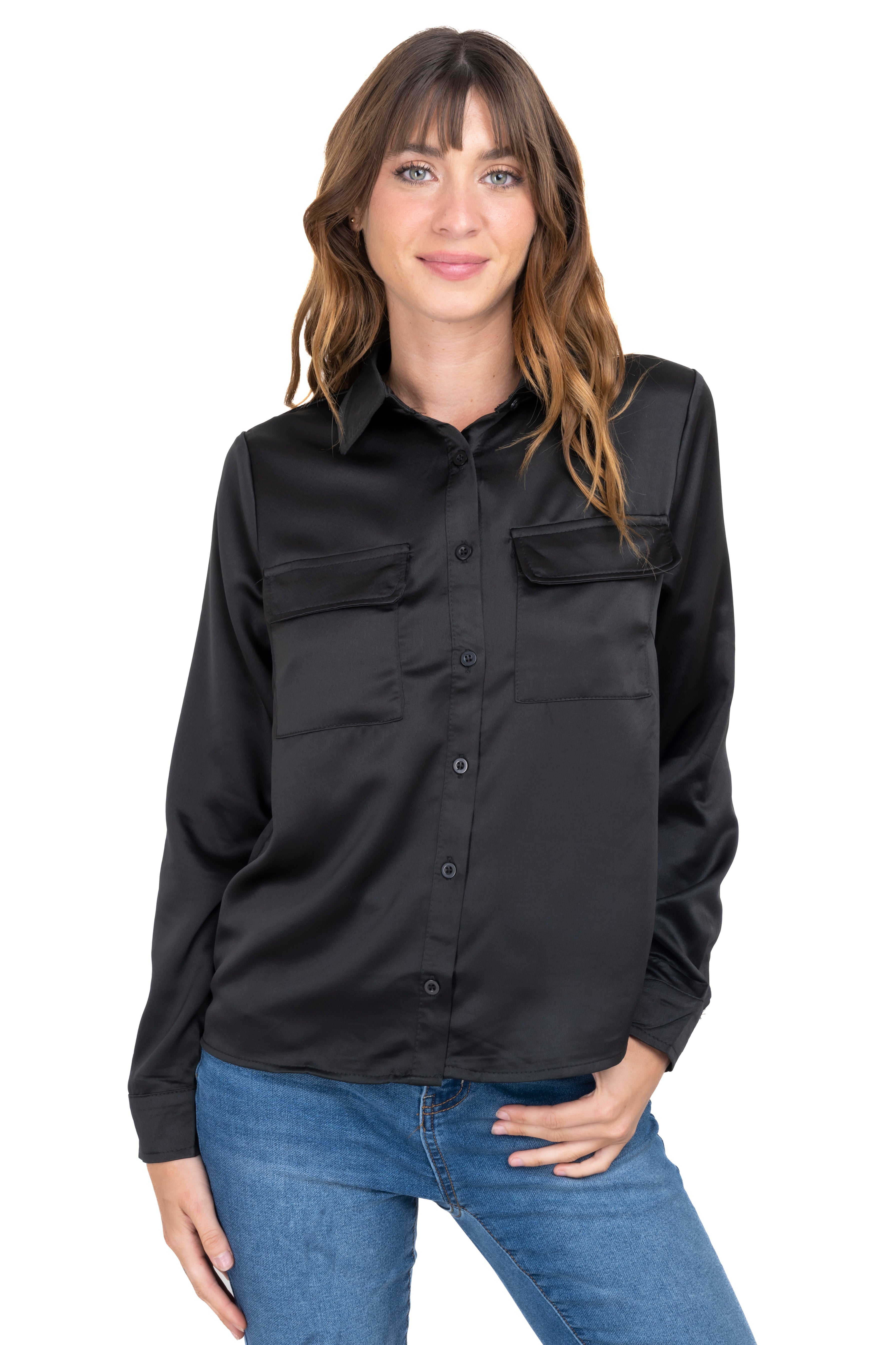 Satin shirt flap pockets BLACK