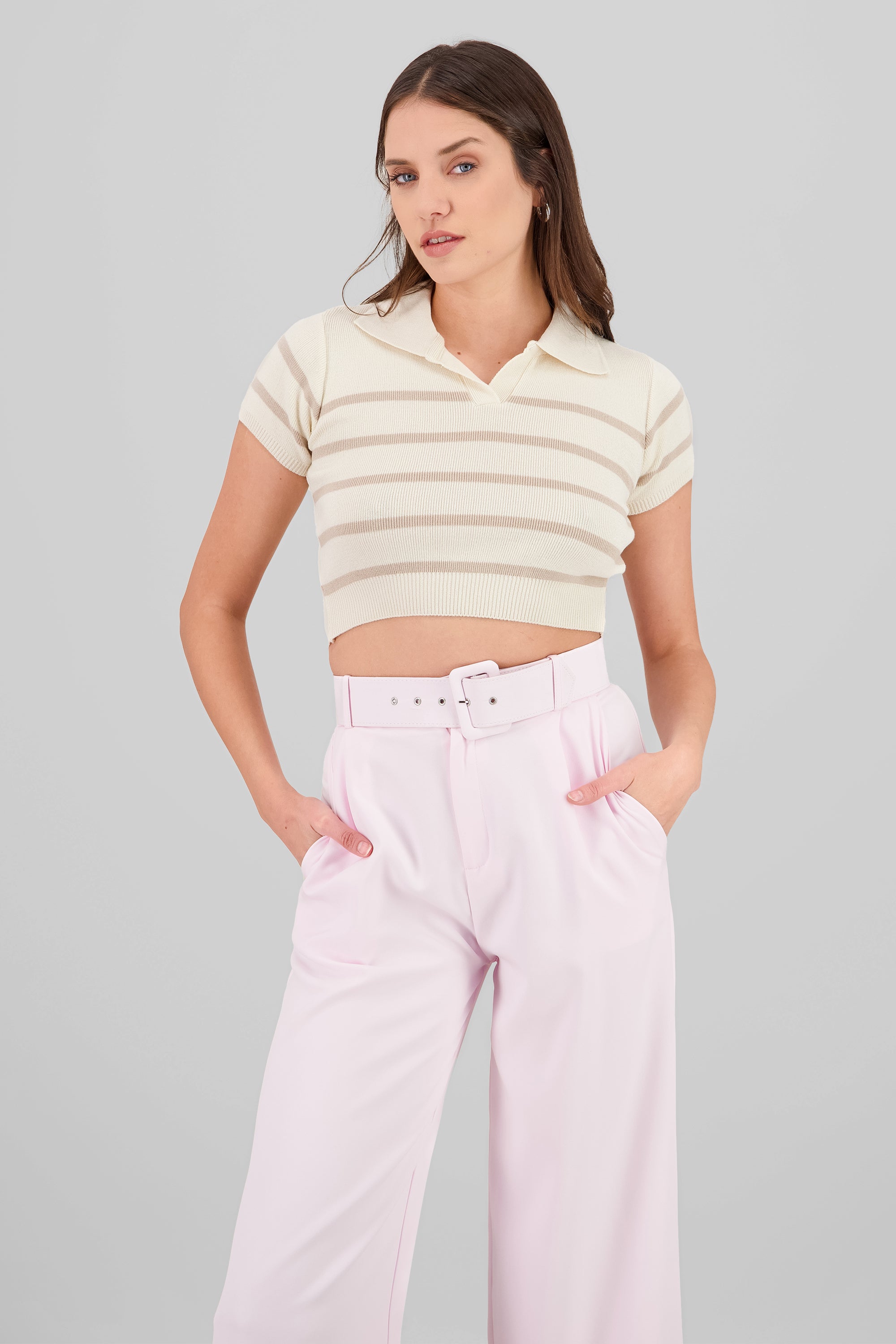 Top tejido cuello polo rayas KHAKI