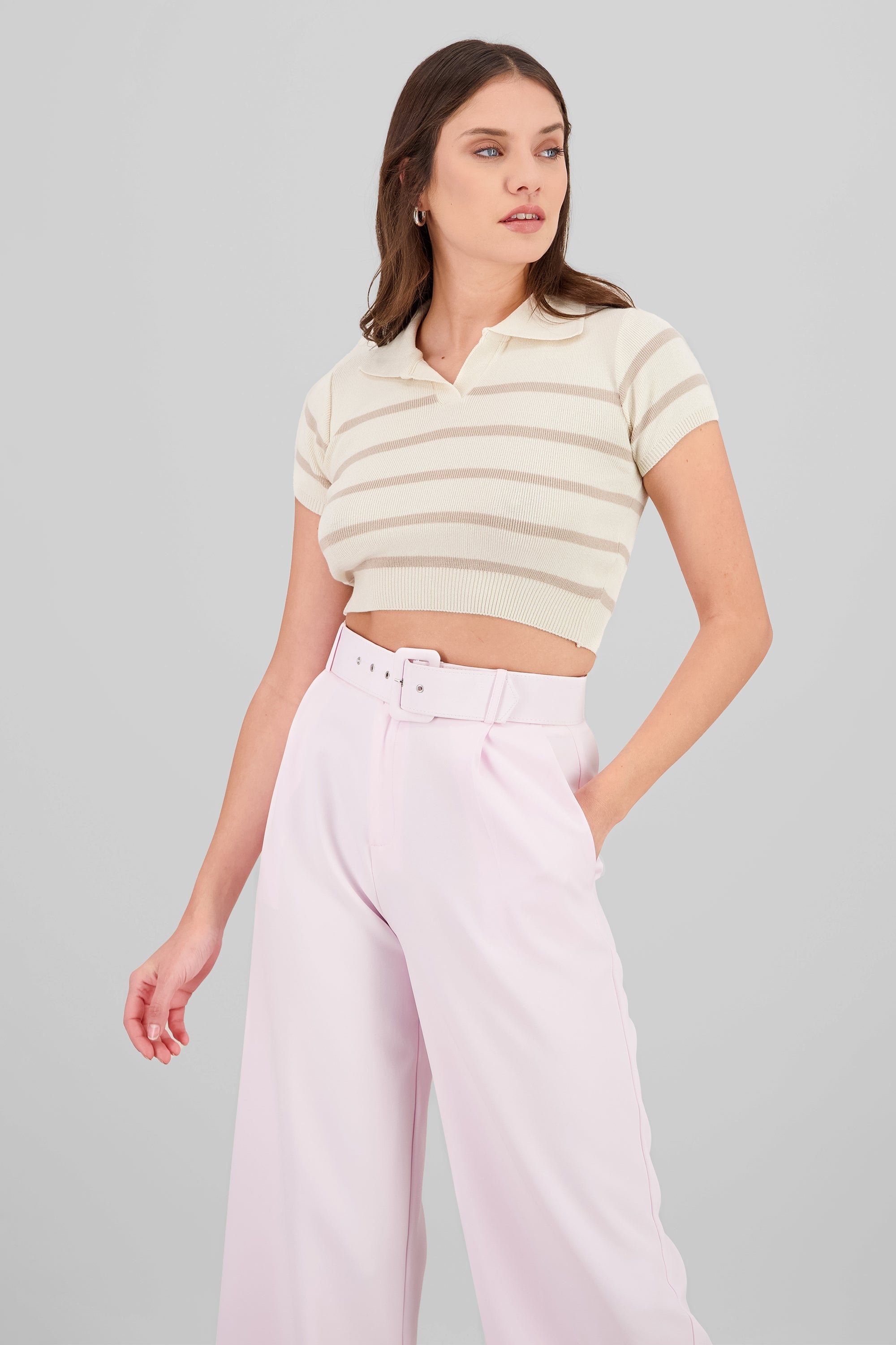 Top tejido cuello polo rayas KHAKI