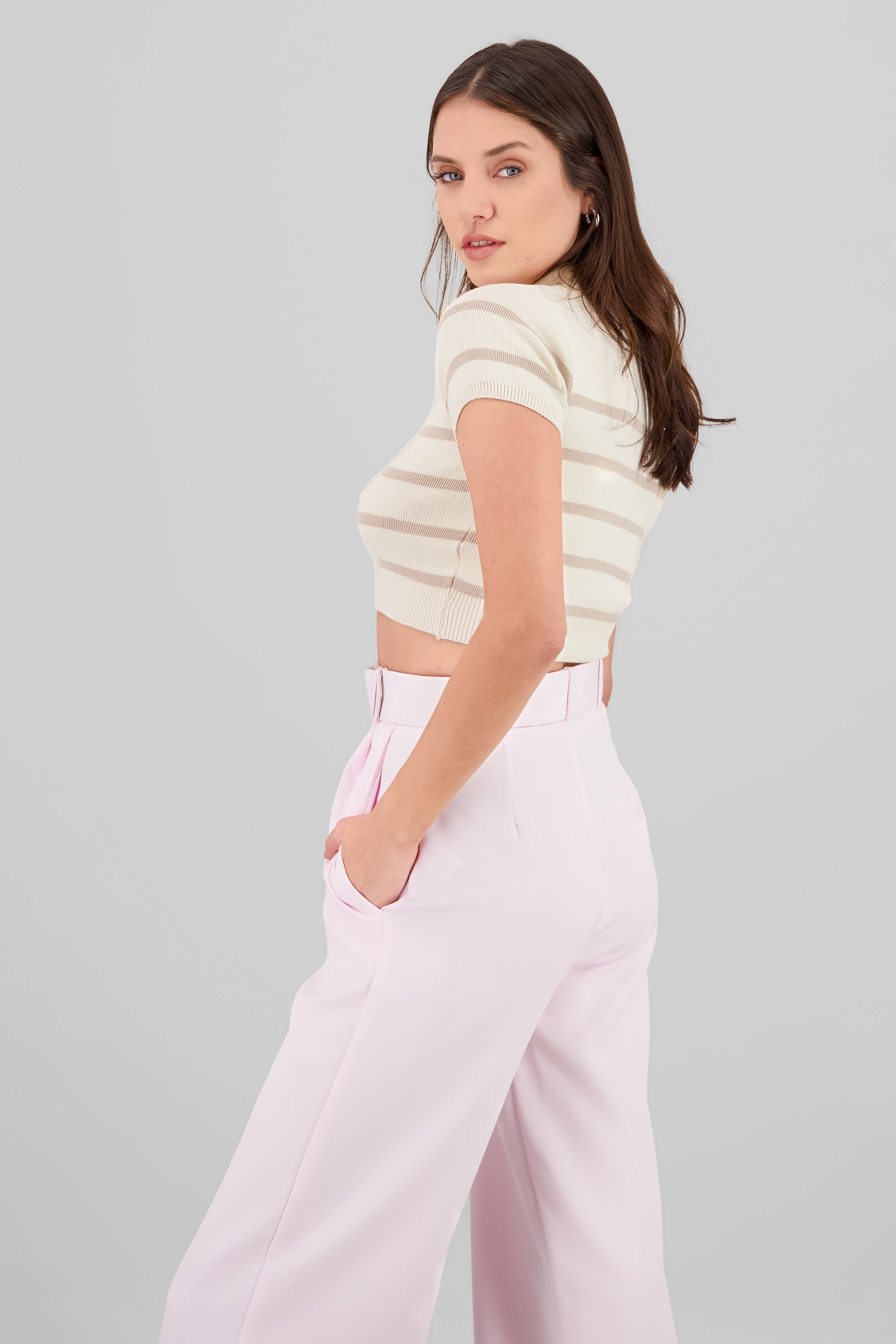 Top tejido cuello polo rayas KHAKI