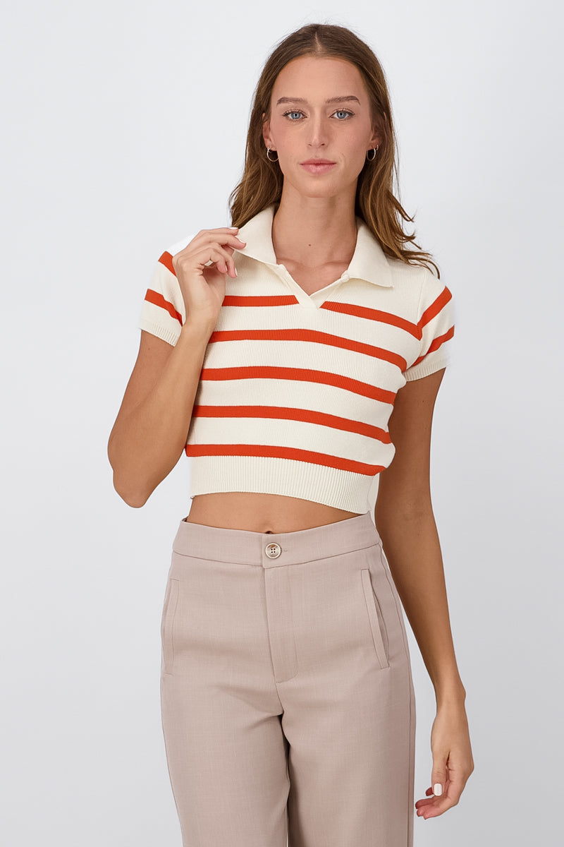 Top tejido cuello polo rayas NARANJA