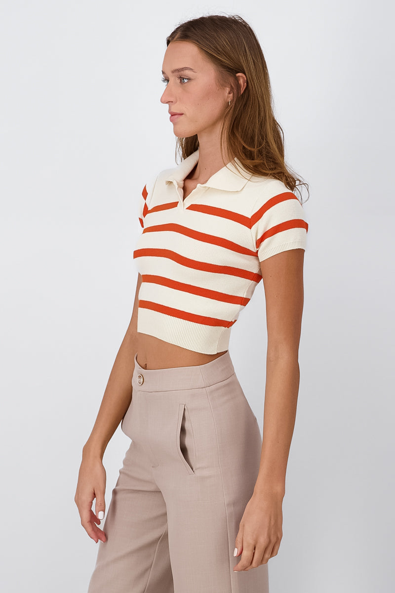 Top tejido cuello polo rayas NARANJA