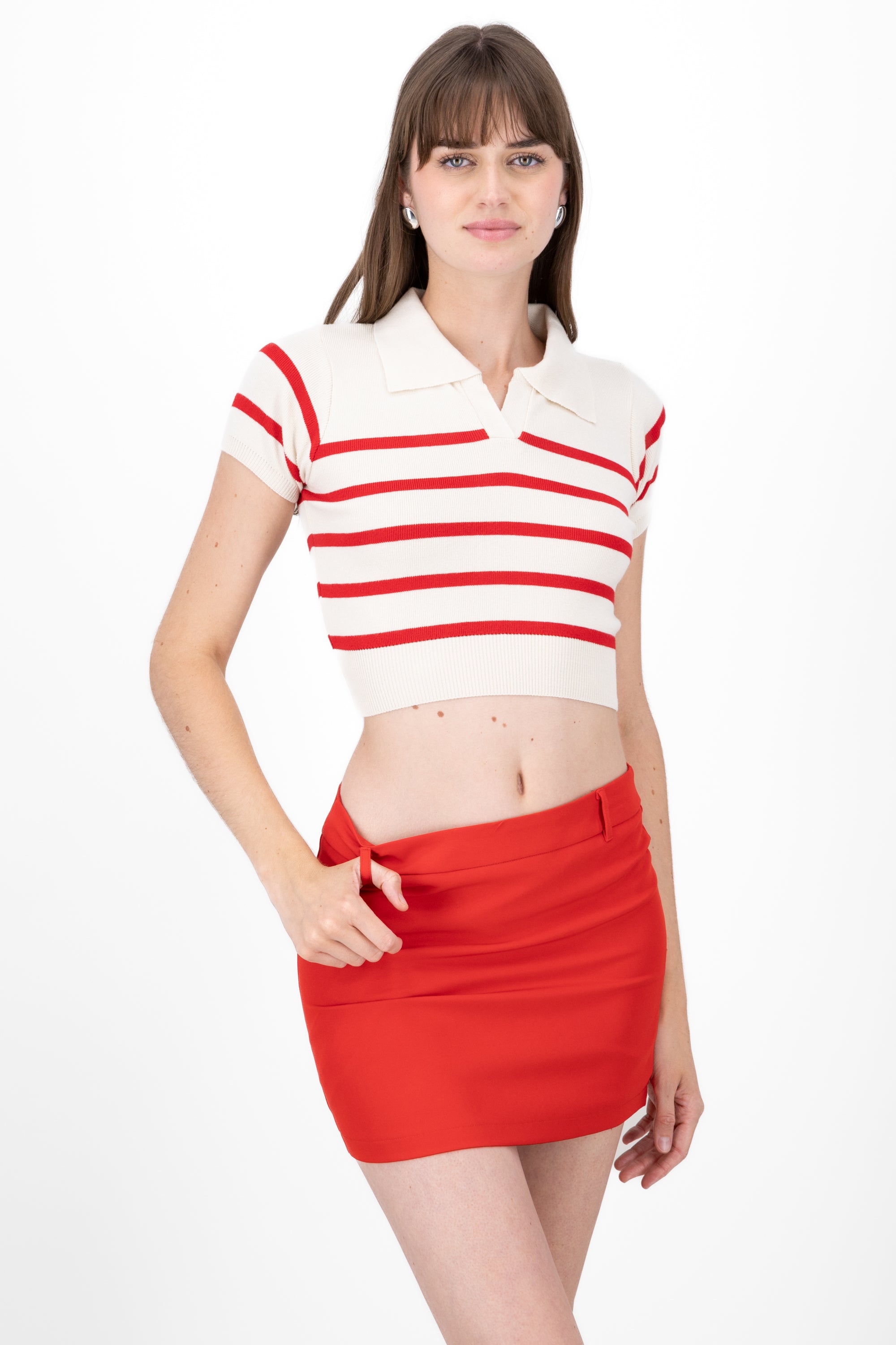 Top tejido cuello polo rayas ROJO