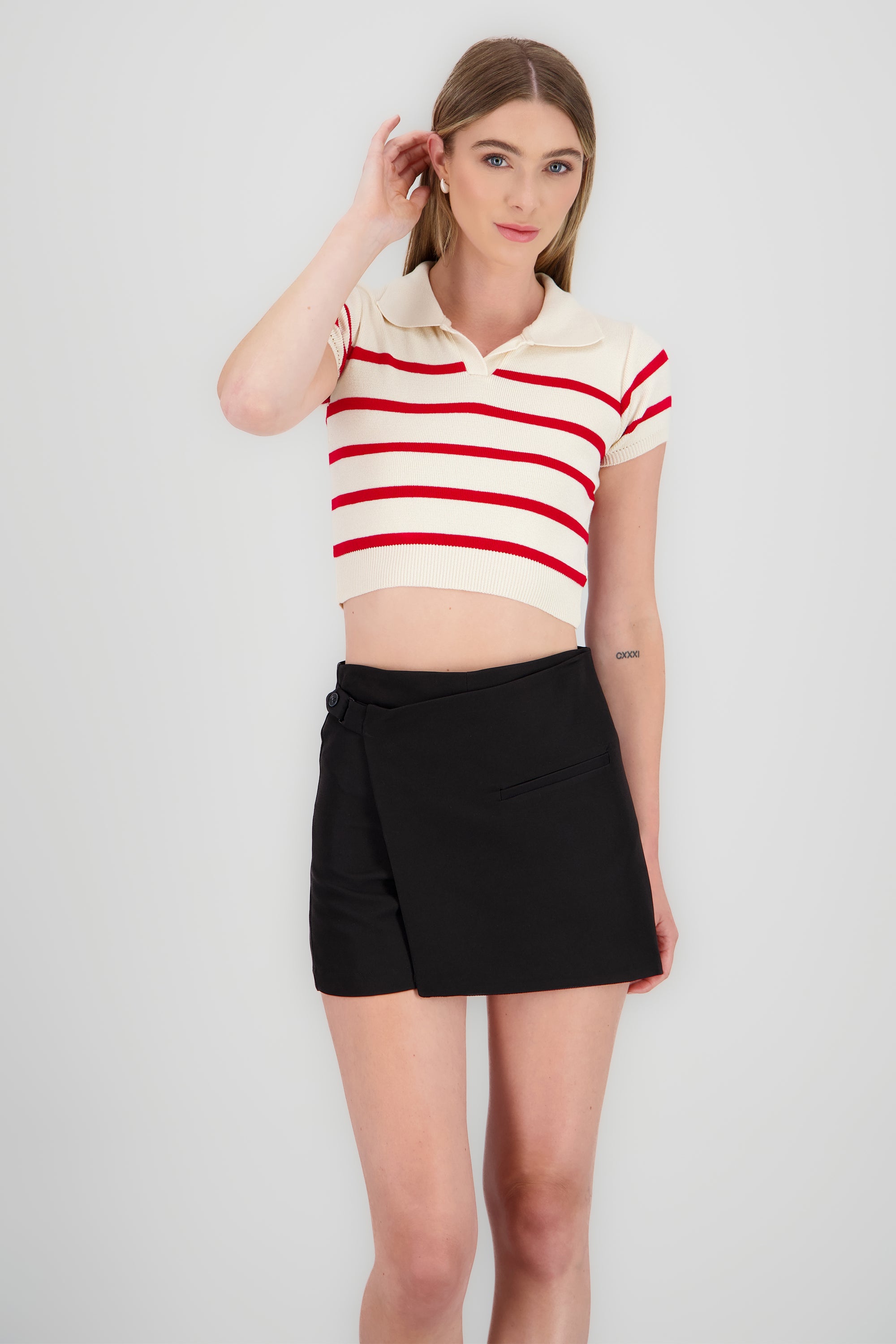 Top tejido cuello polo rayas ROJO CEREZA