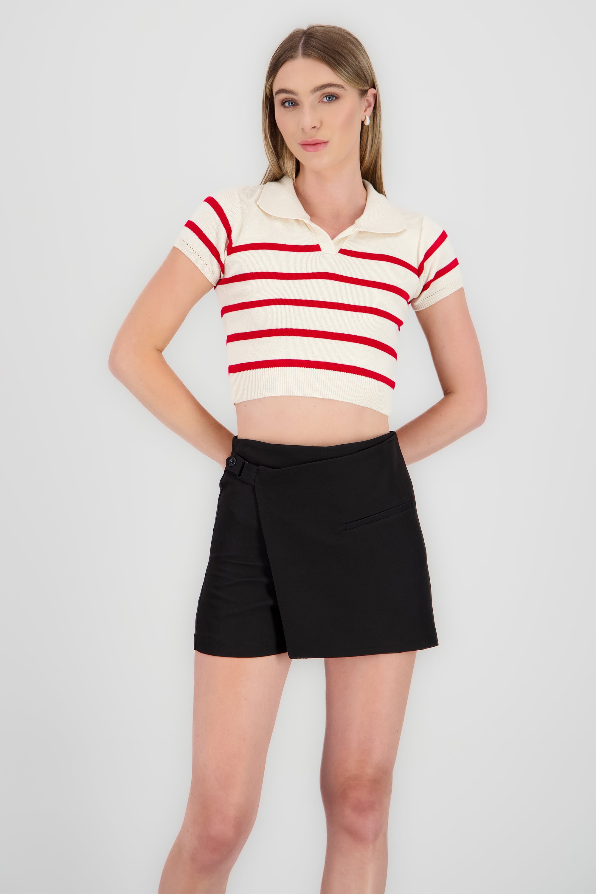 Top tejido cuello polo rayas ROJO CEREZA