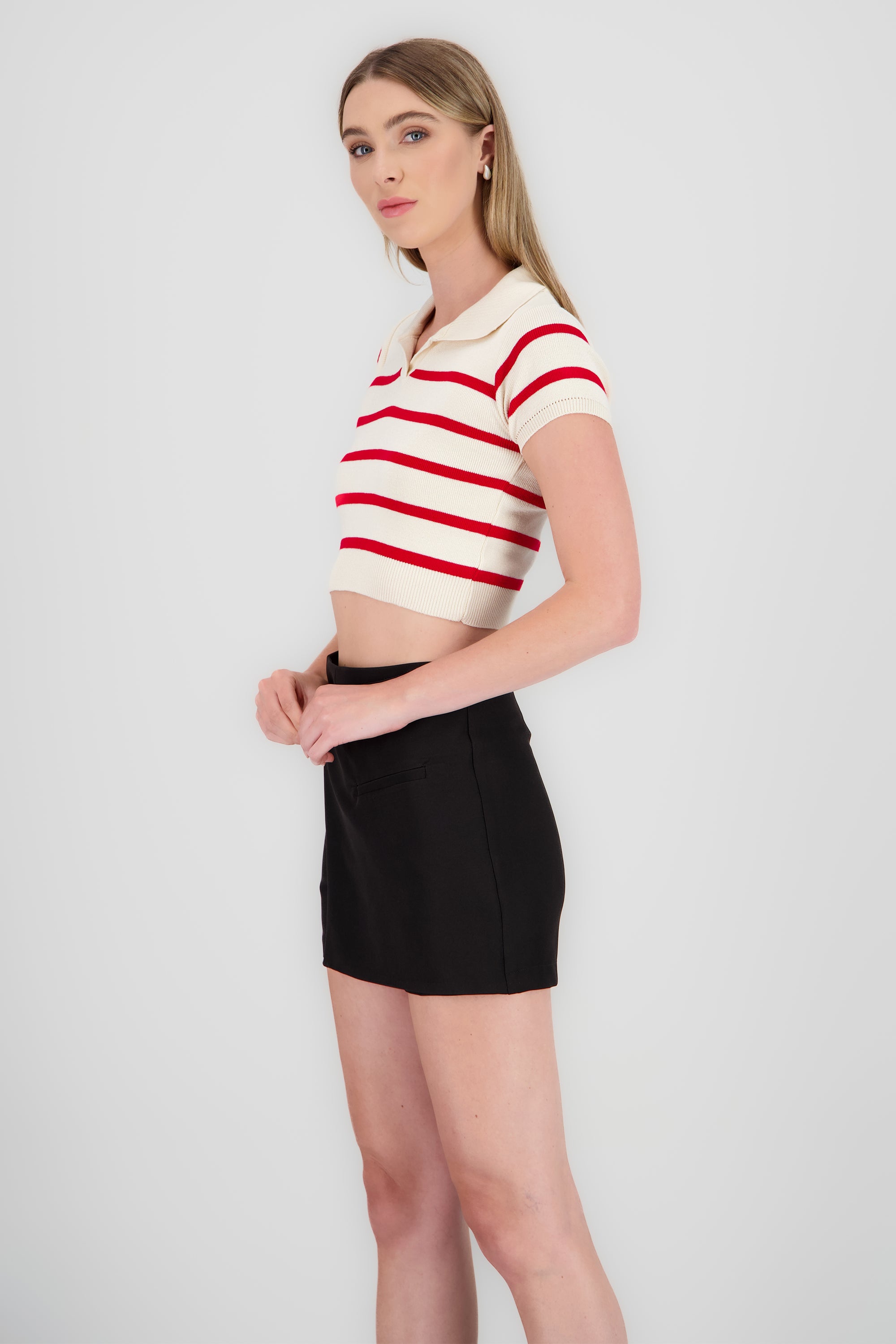 Top tejido cuello polo rayas ROJO CEREZA