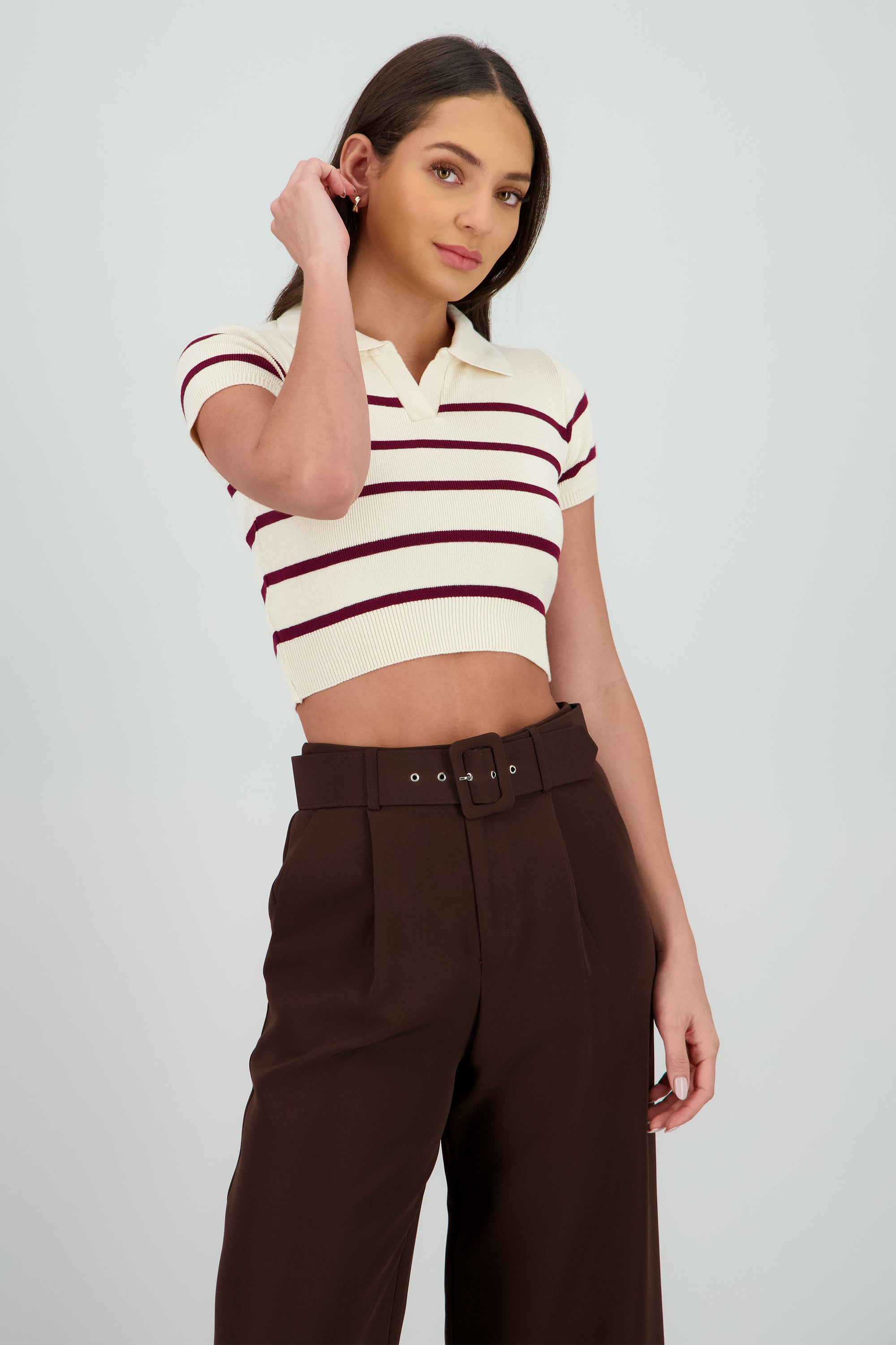 Top tejido cuello polo rayas VINO