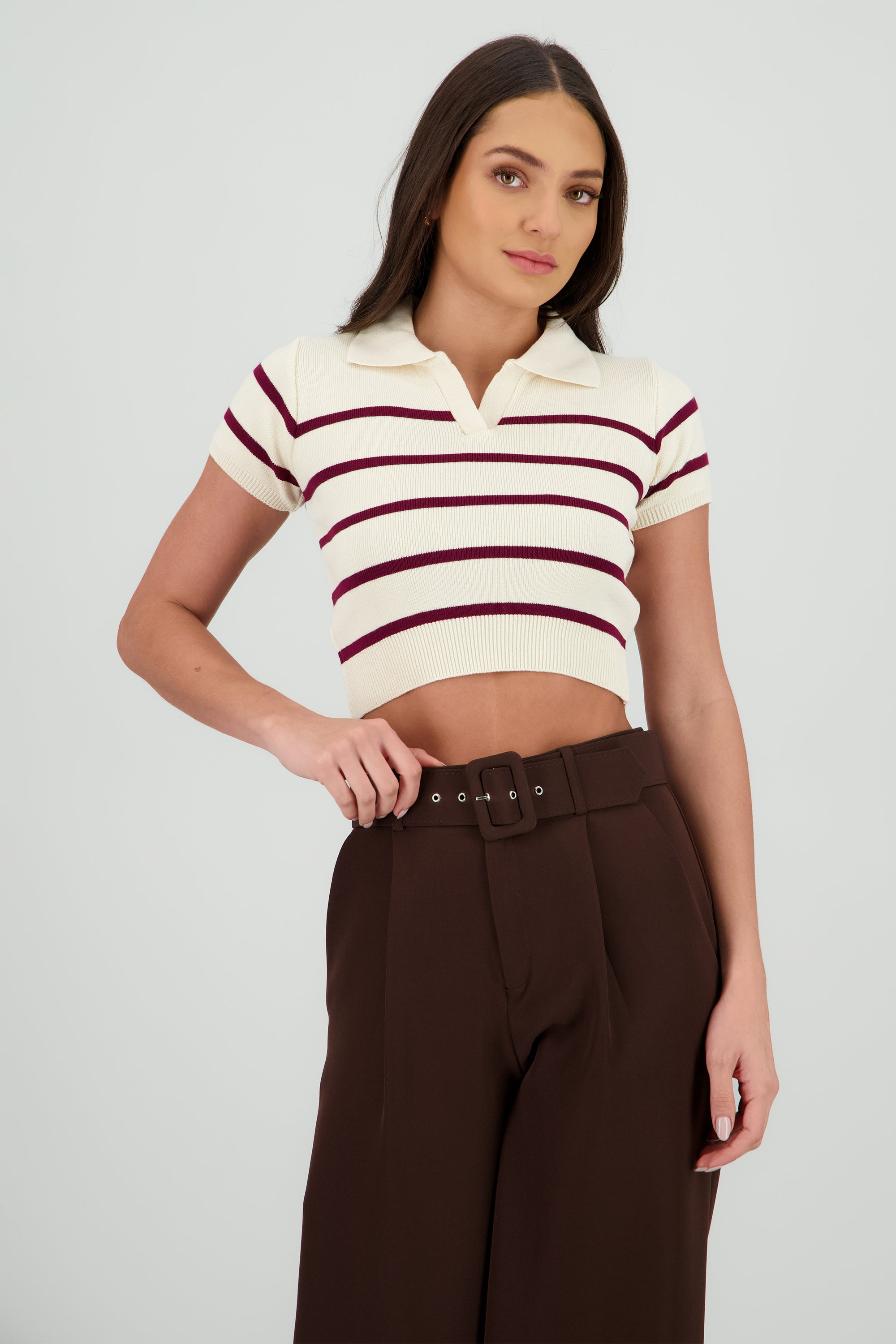 Top tejido cuello polo rayas VINO