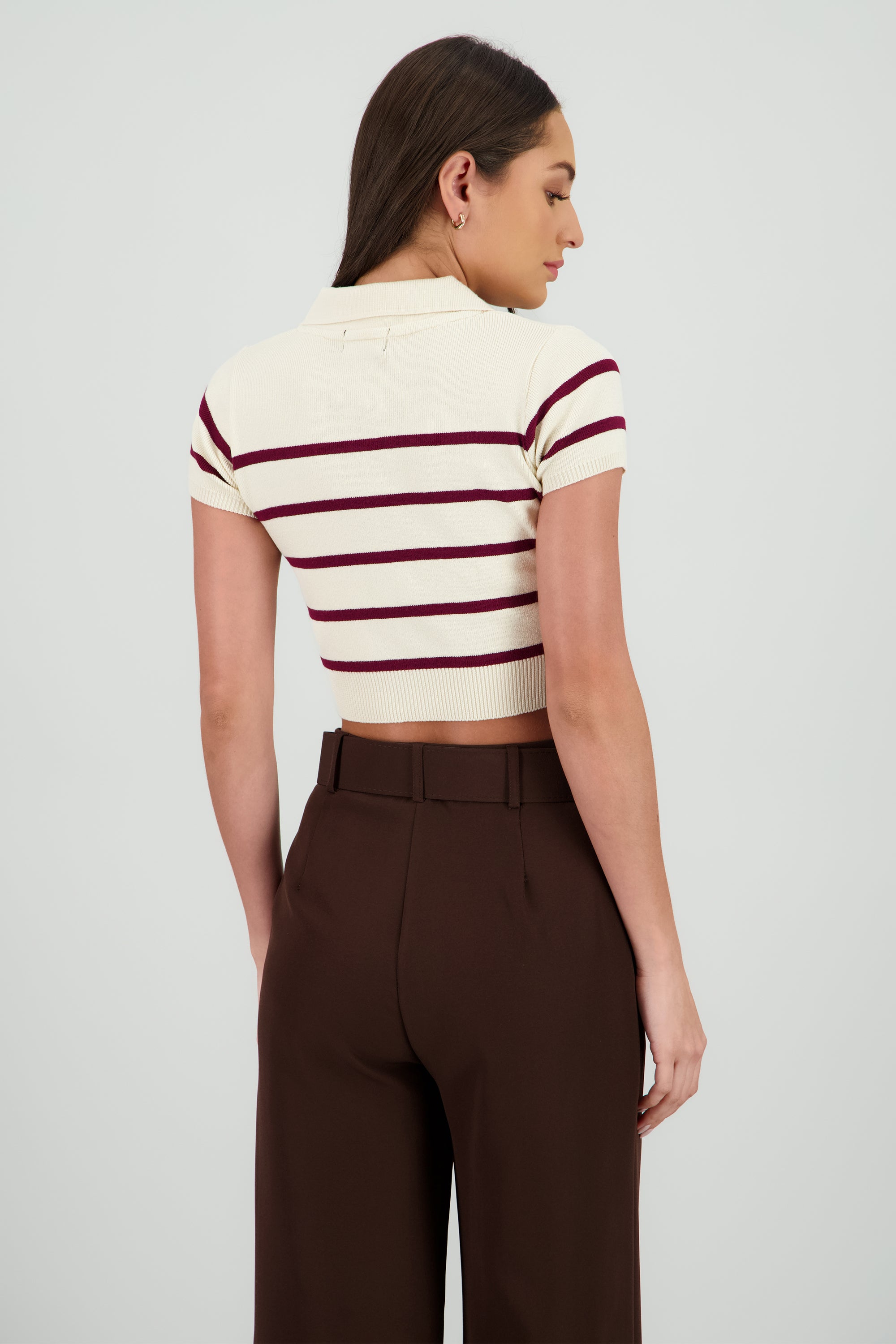 Top tejido cuello polo rayas VINO