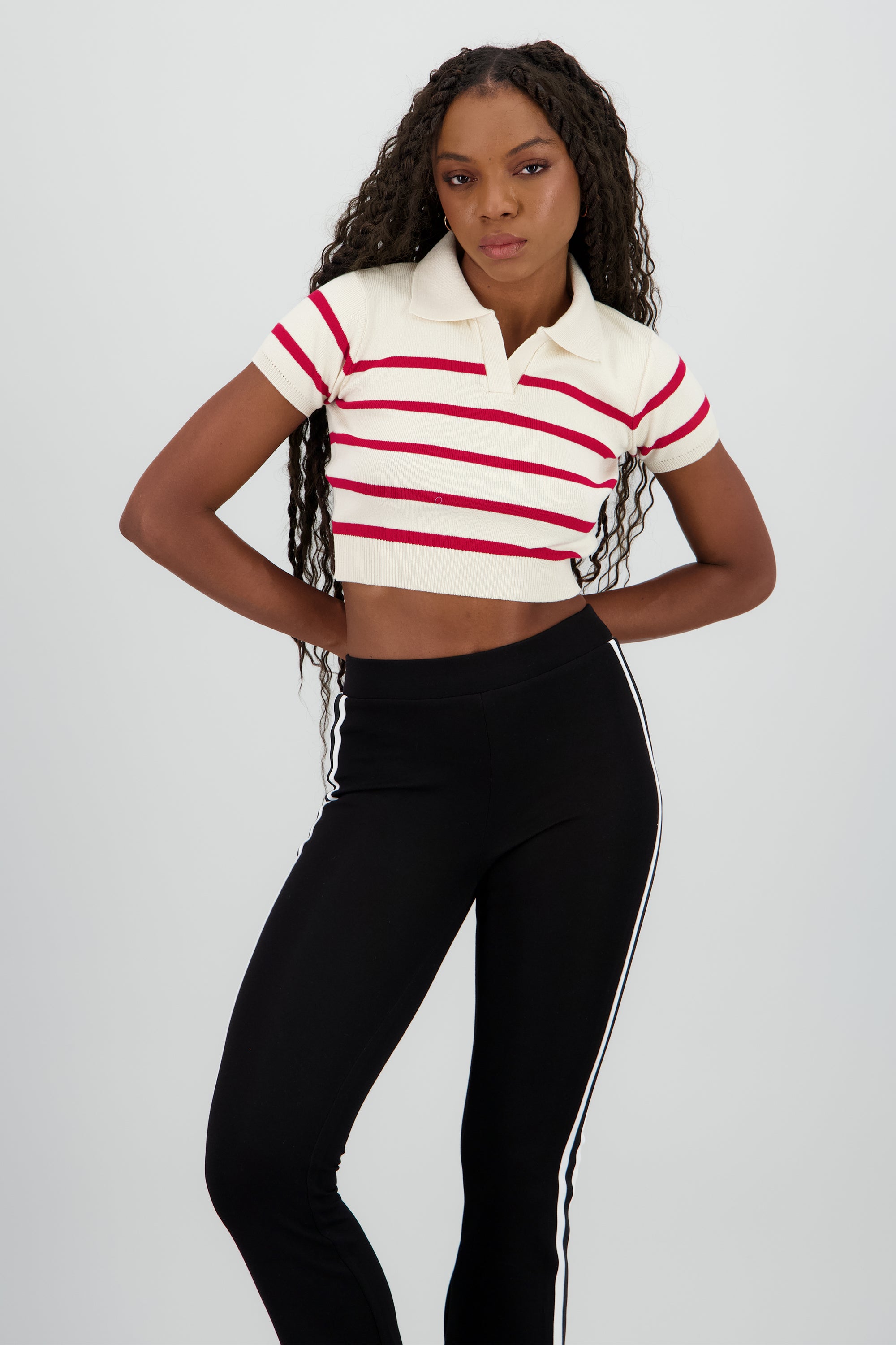 Top tejido cuello polo rayas ROJO COMBO