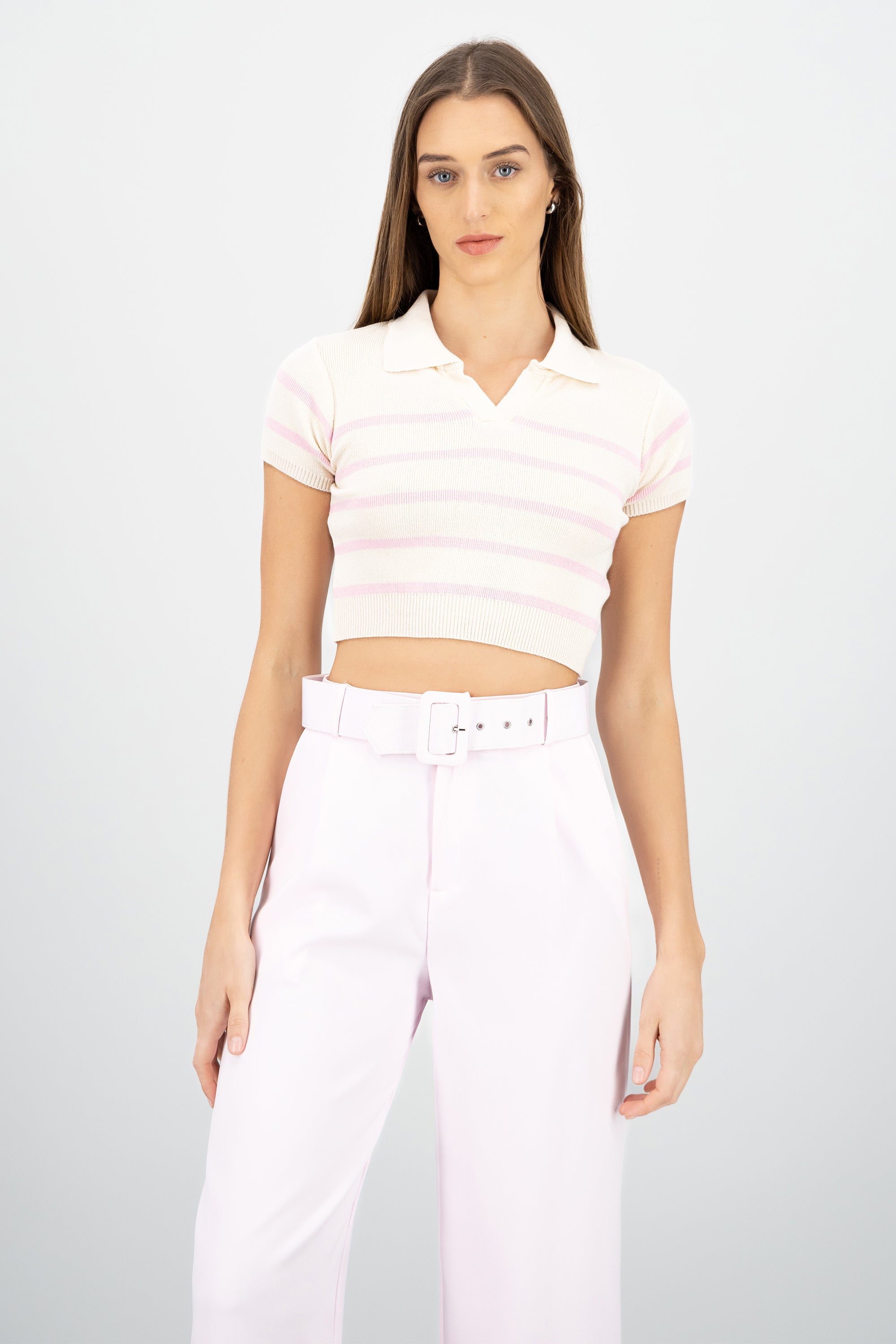 Top tejido cuello polo rayas ROSA