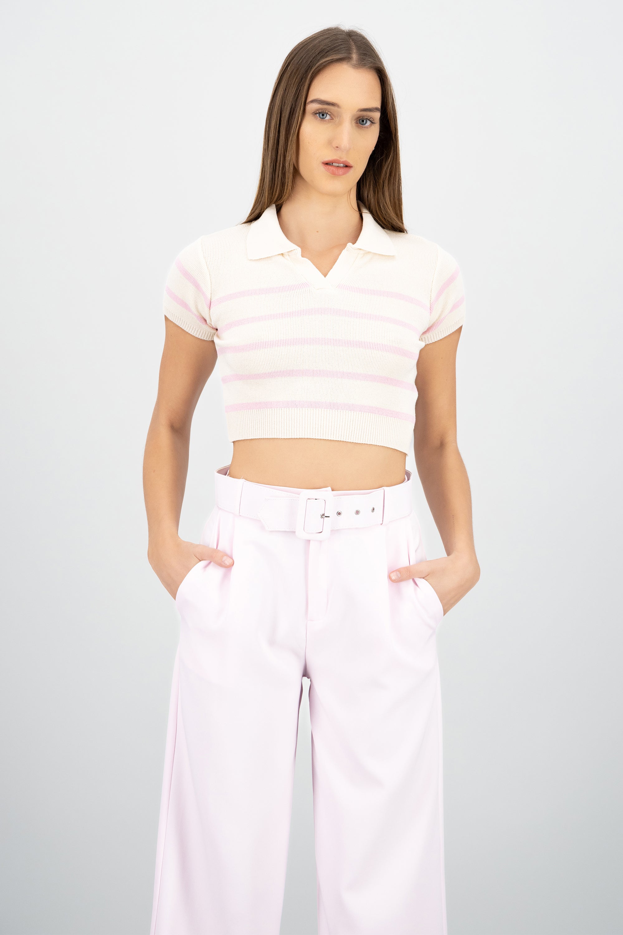 Top tejido cuello polo rayas ROSA