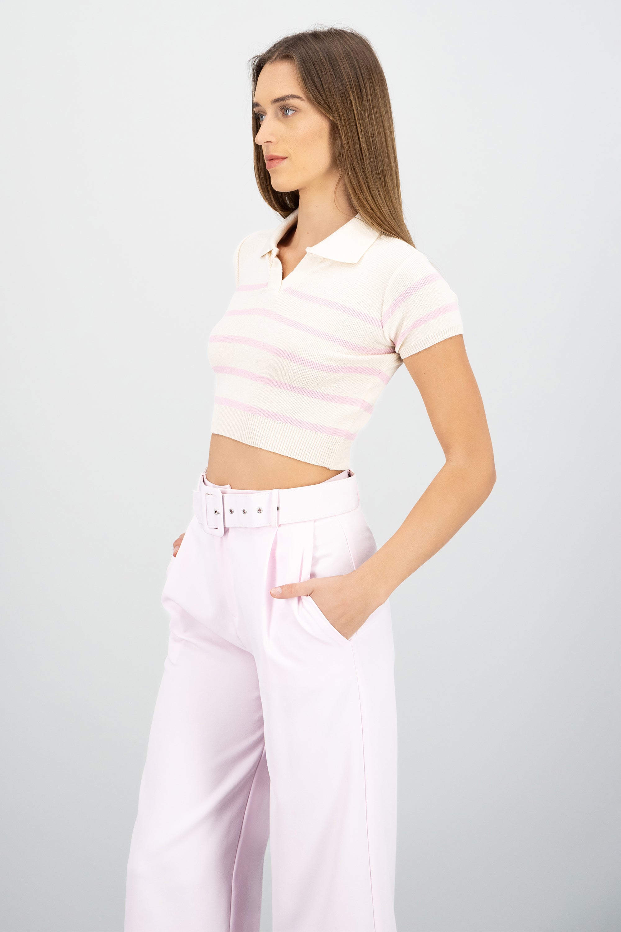 Top tejido cuello polo rayas ROSA