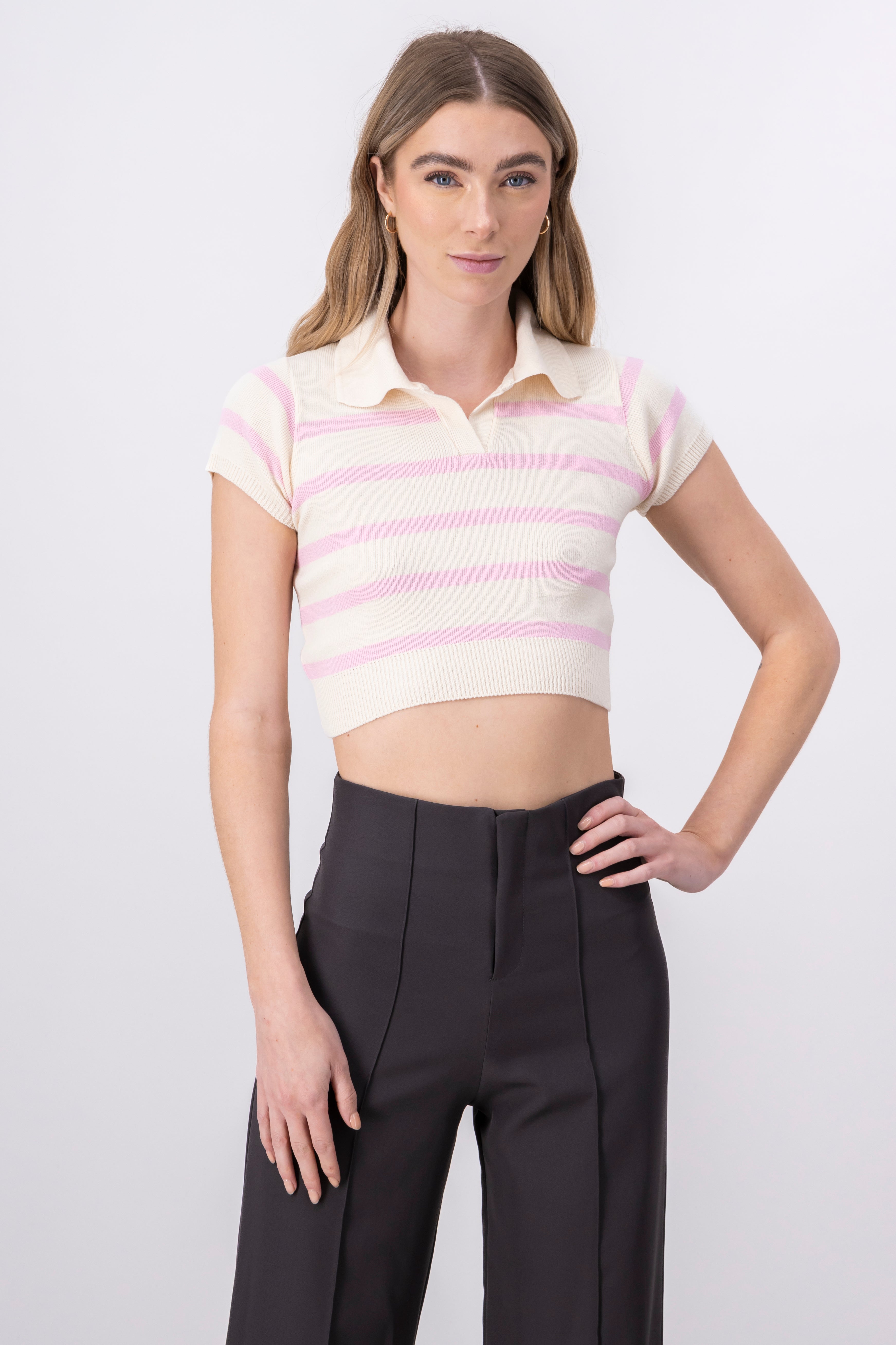 Top tejido cuello polo rayas ROSA PASTEL