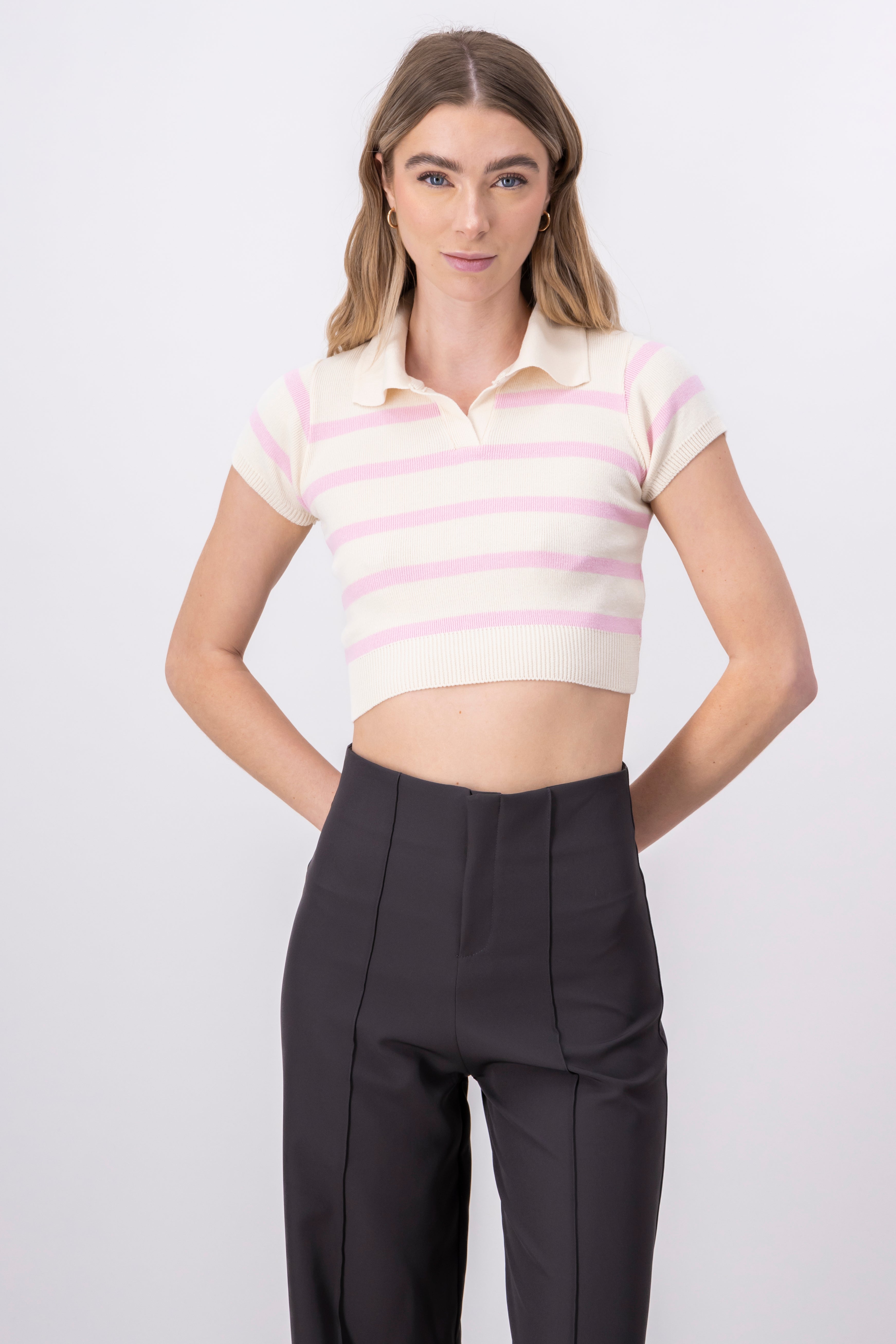 Top tejido cuello polo rayas ROSA PASTEL