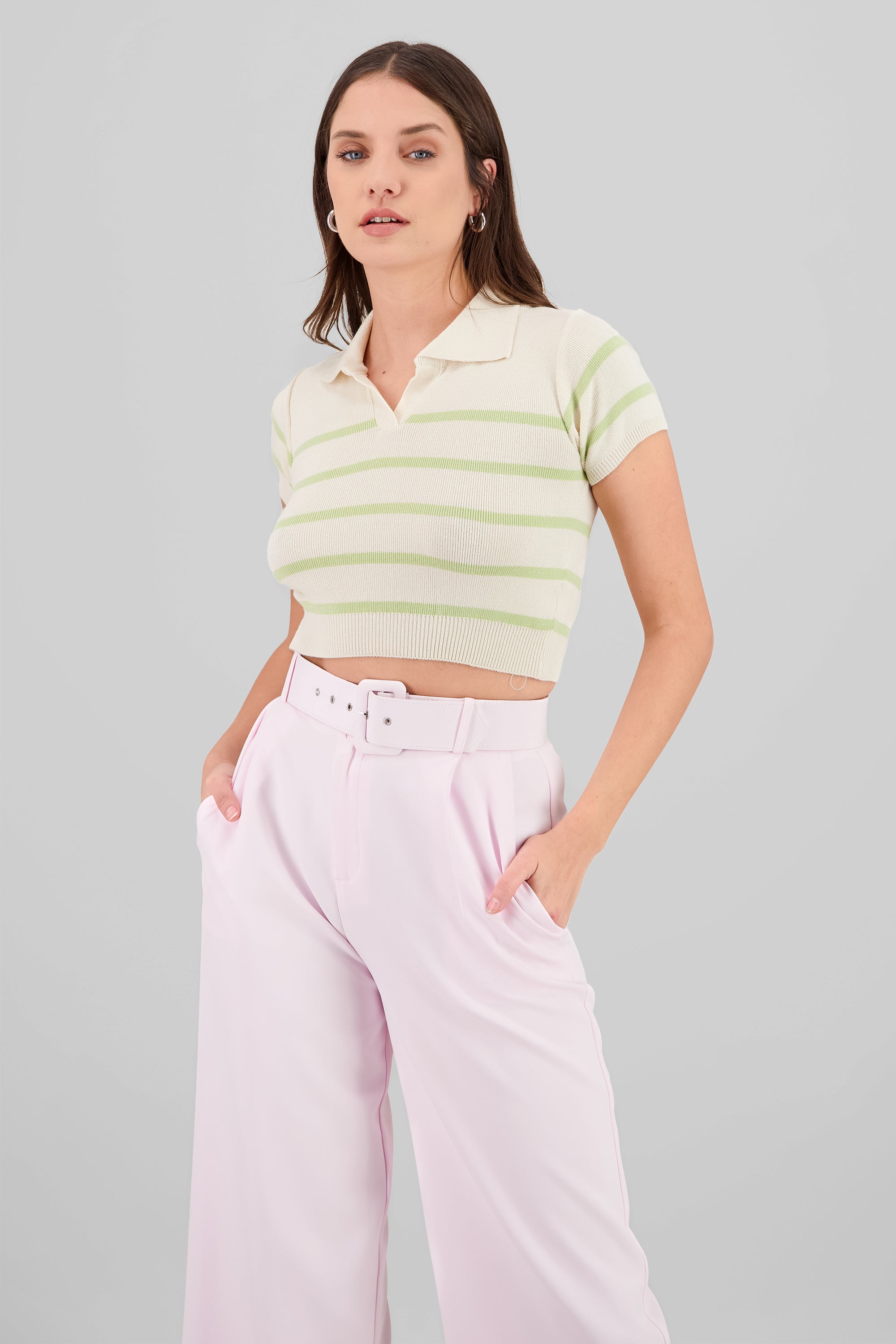 Top tejido cuello polo rayas VERDE