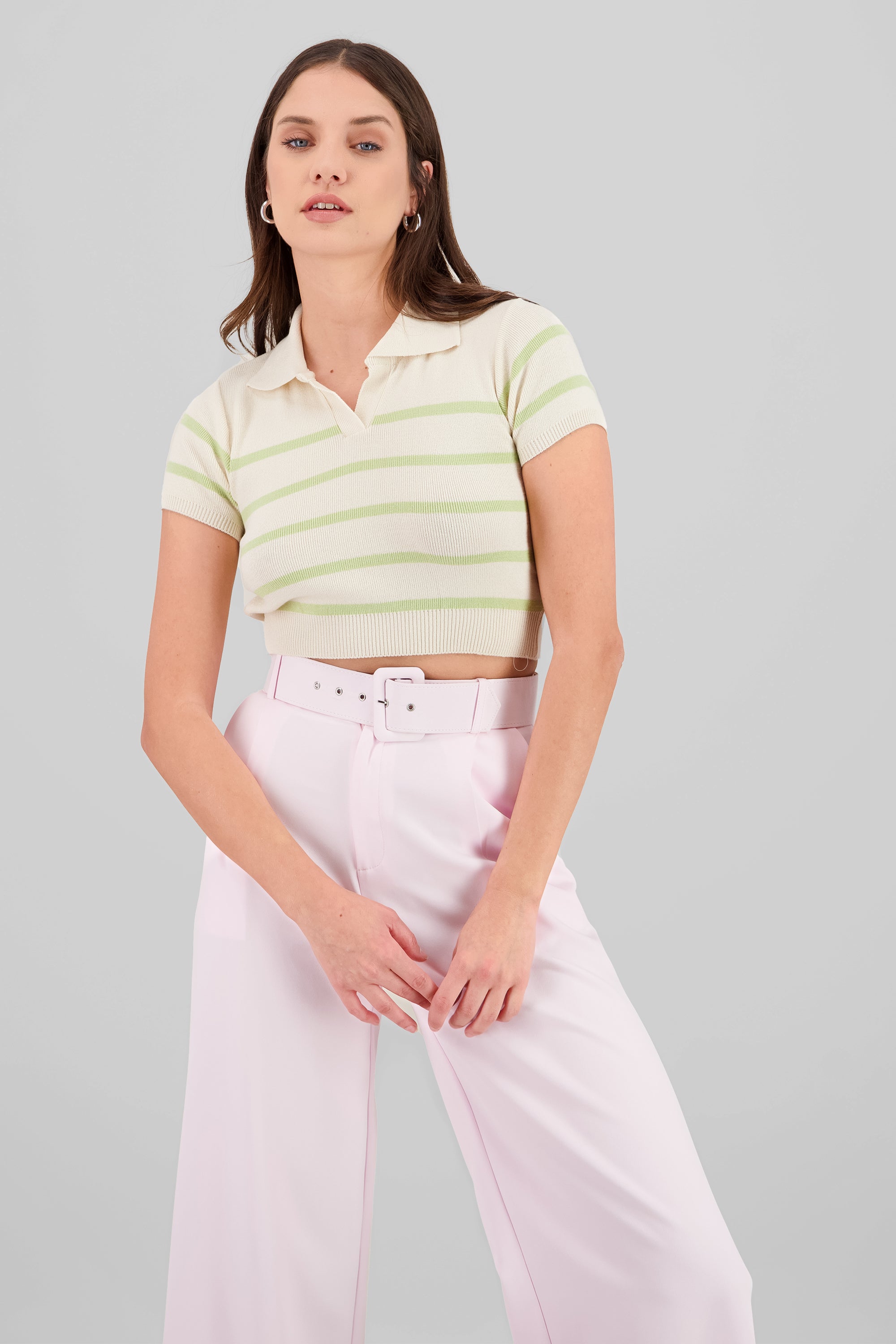 Top tejido cuello polo rayas VERDE