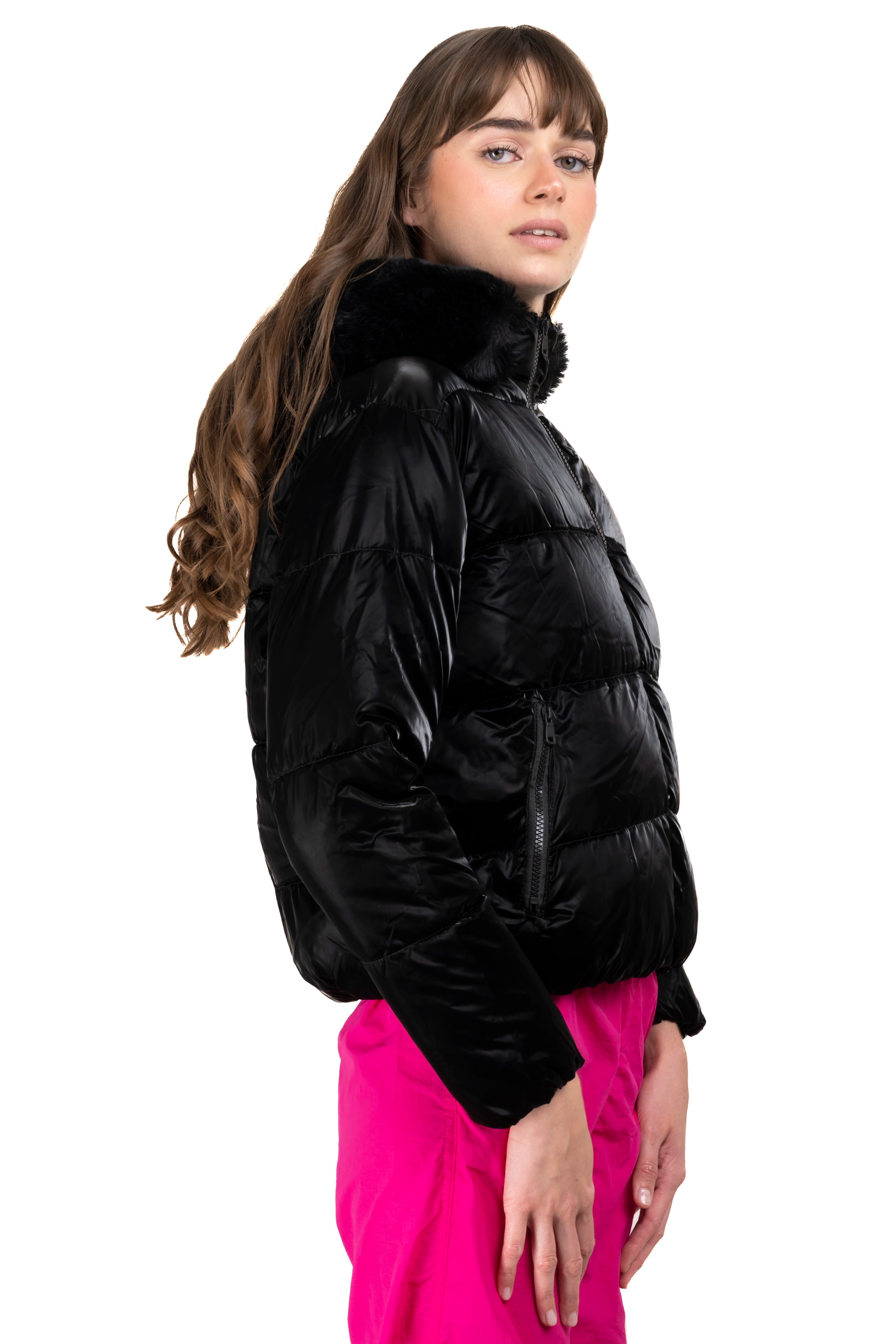 Chamarra capitonada gorro peluche NEGRO