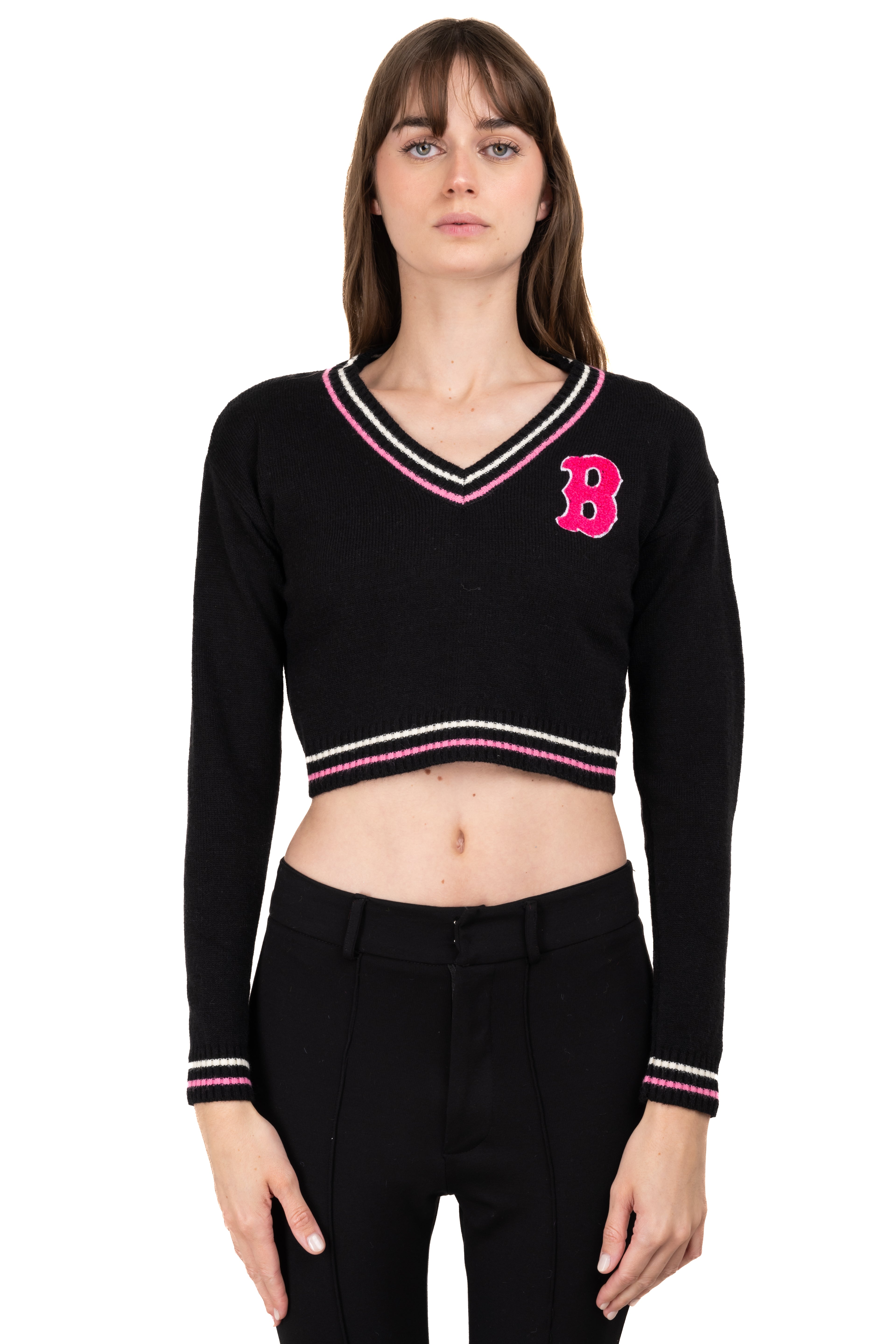 Varsity crop patch sweater BLACK