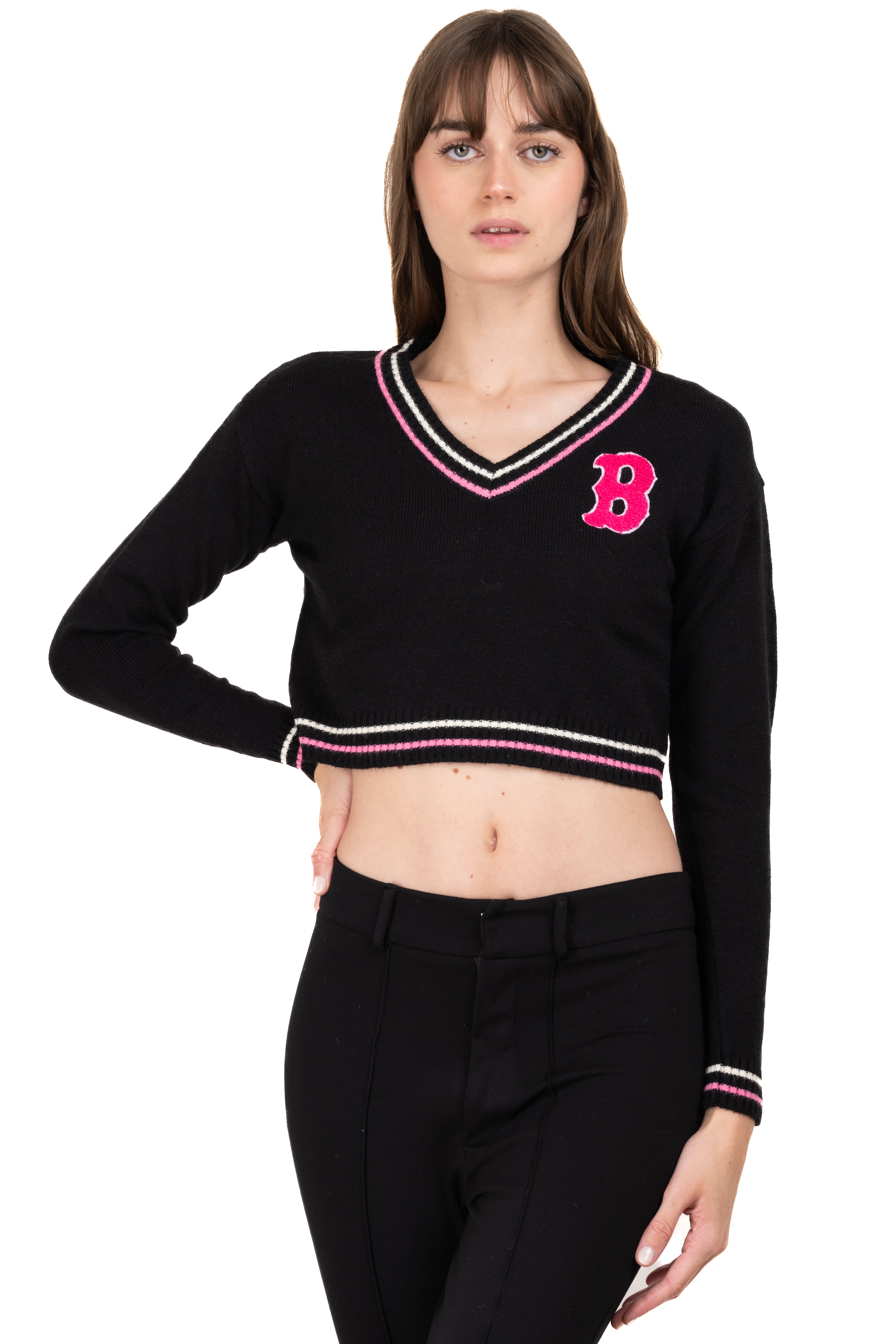 Varsity crop patch sweater BLACK