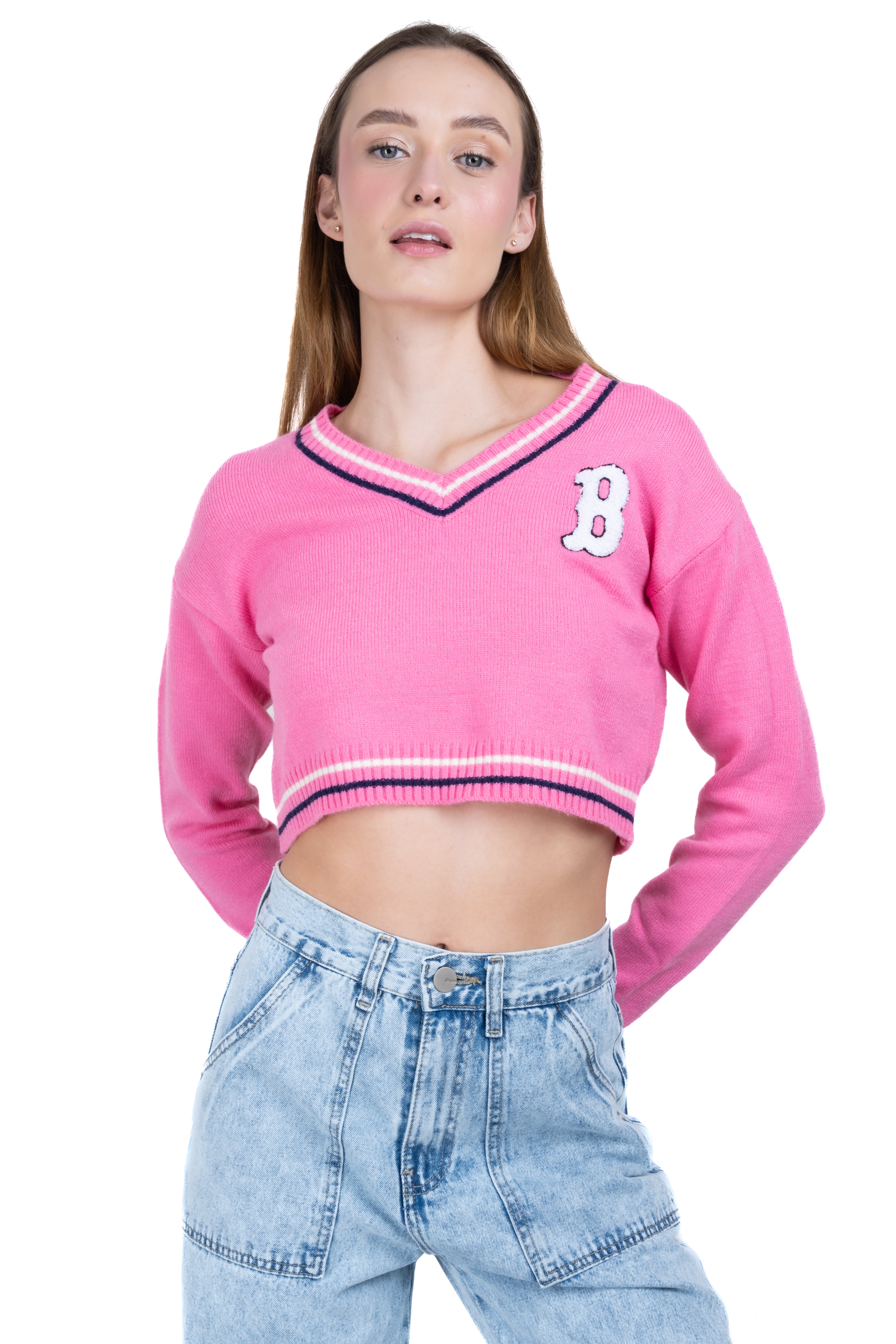 Varsity crop patch sweater PINK