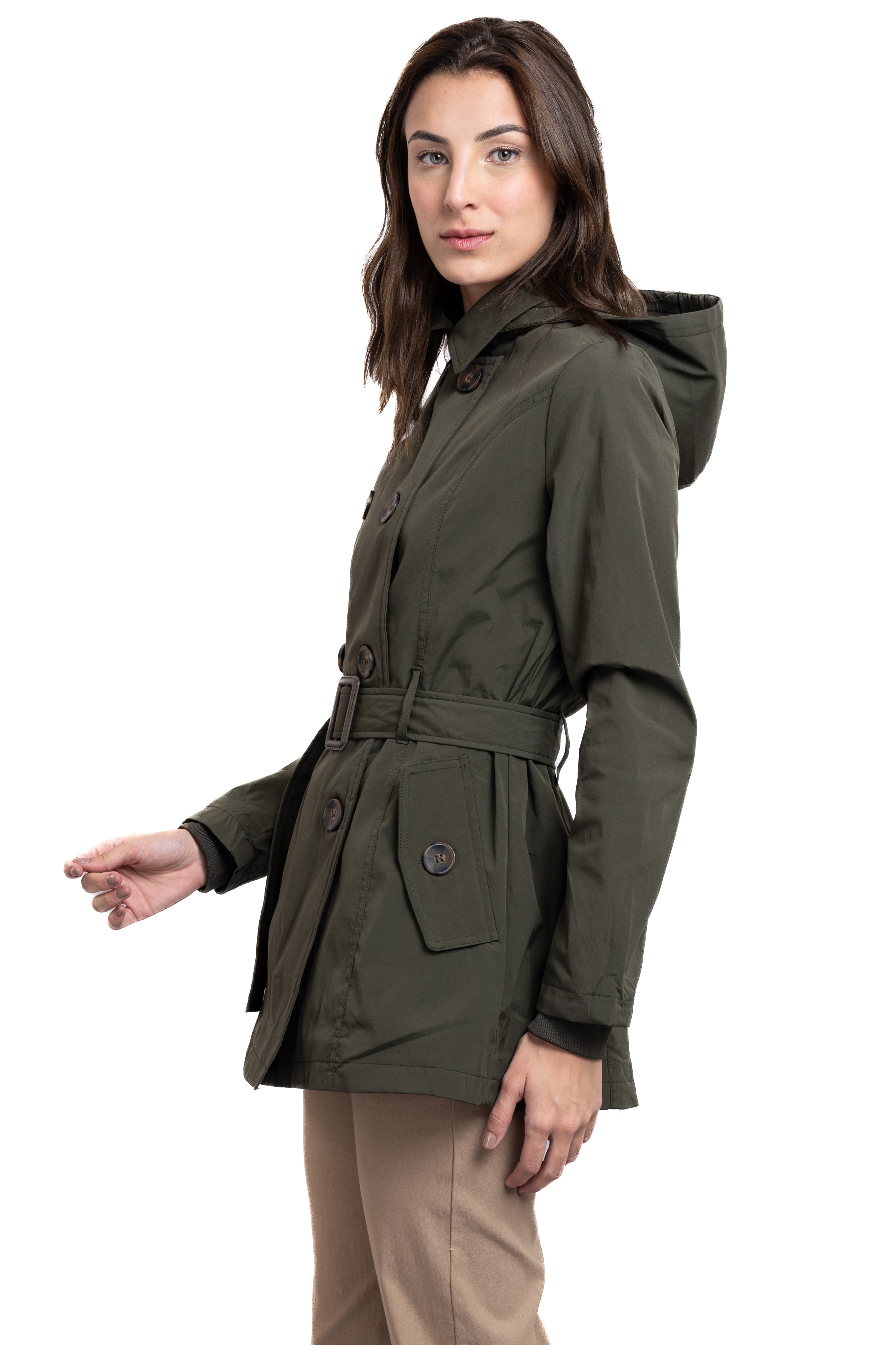 Gabardina monocolor botones cinturón OLIVO