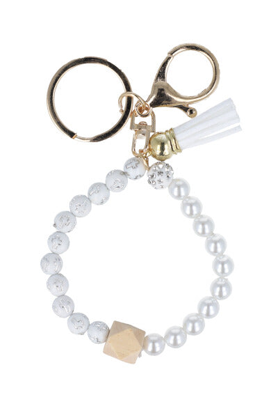 Llavero pulsera perlas colgante BLANCO