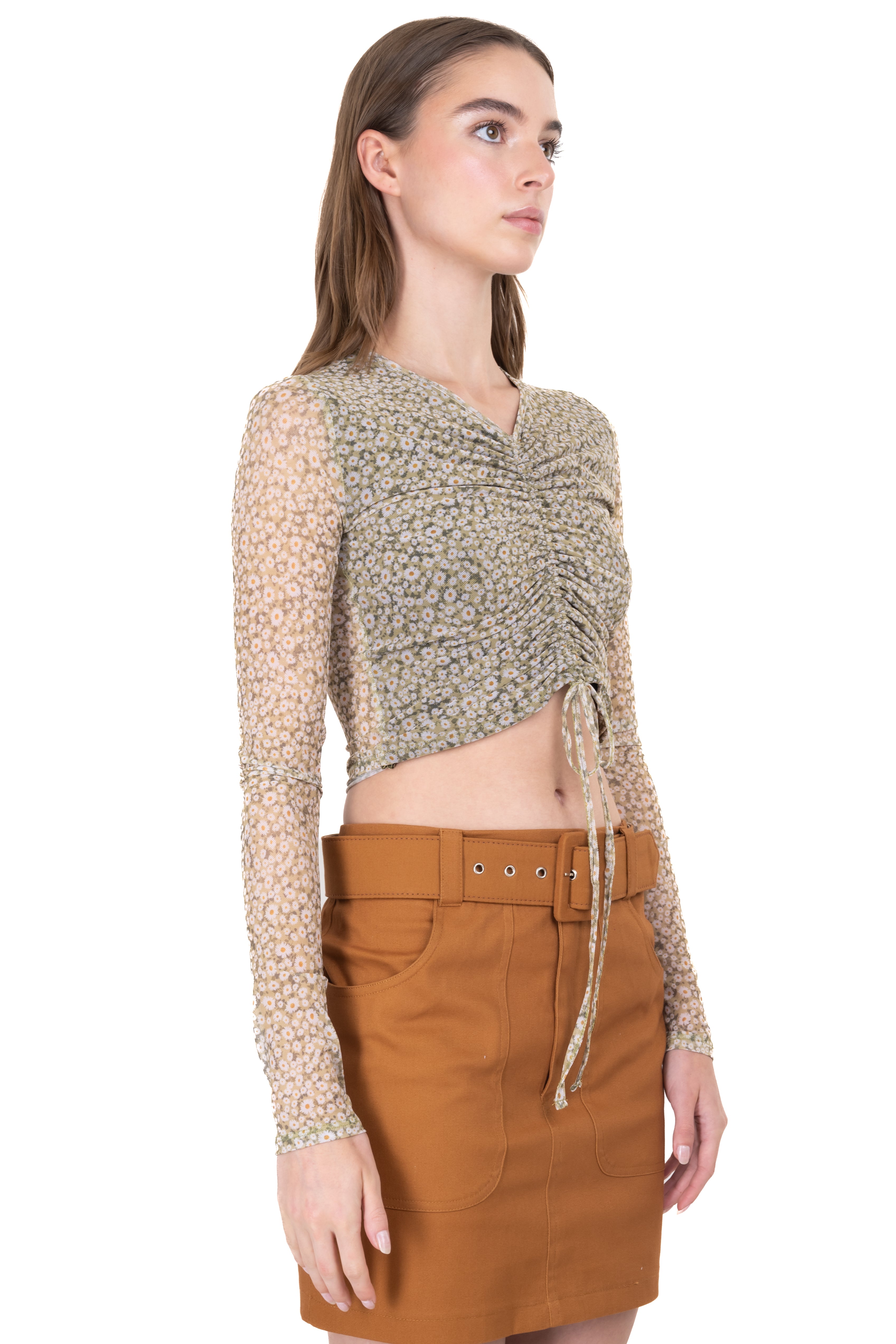 Top mesh flores fruncido pecho OLIVO COMBO